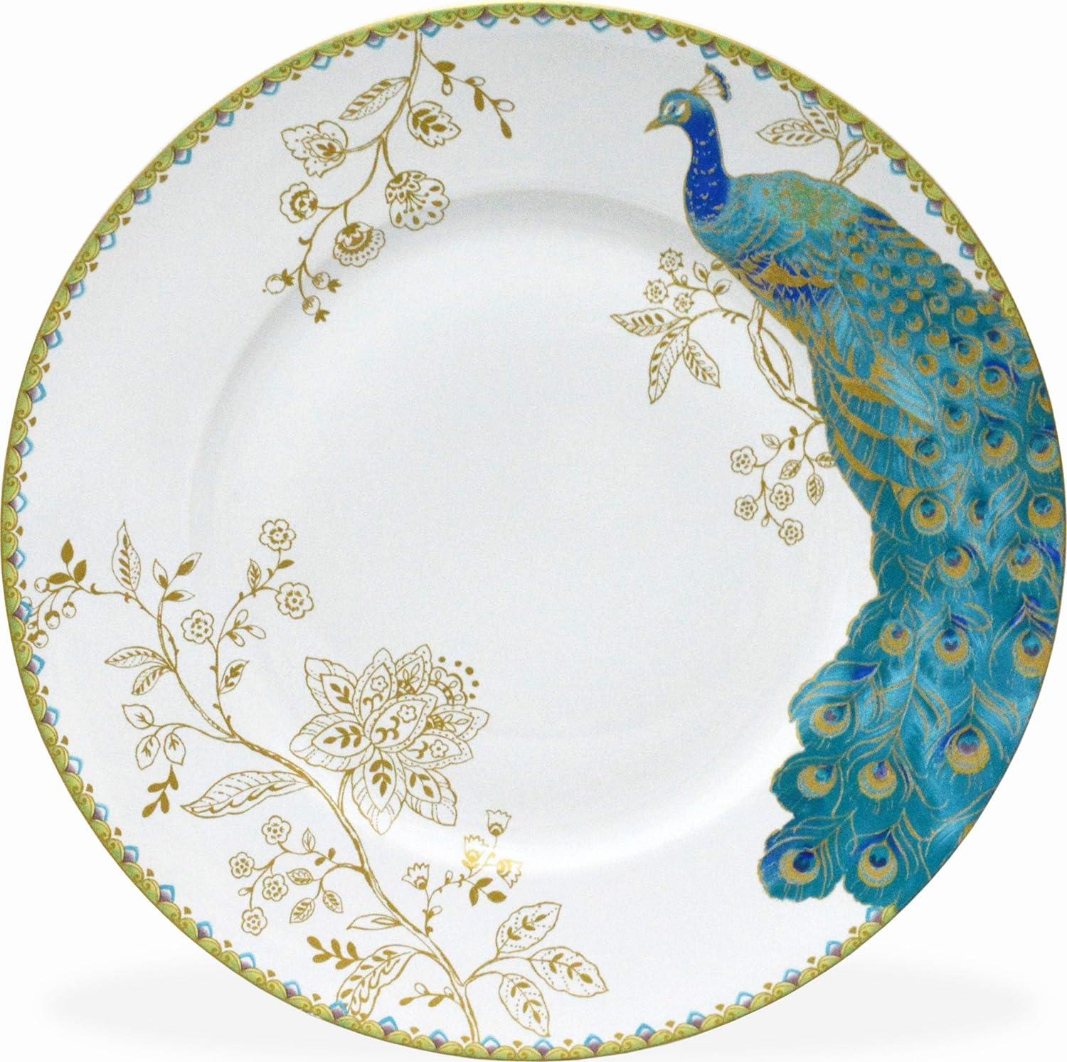 222 Fifth Peacock Garden Porcelain 16pc Dinnerware Set White: Round Dish Set, Service for 4, Bird Pattern, Dishwasher-Safe
