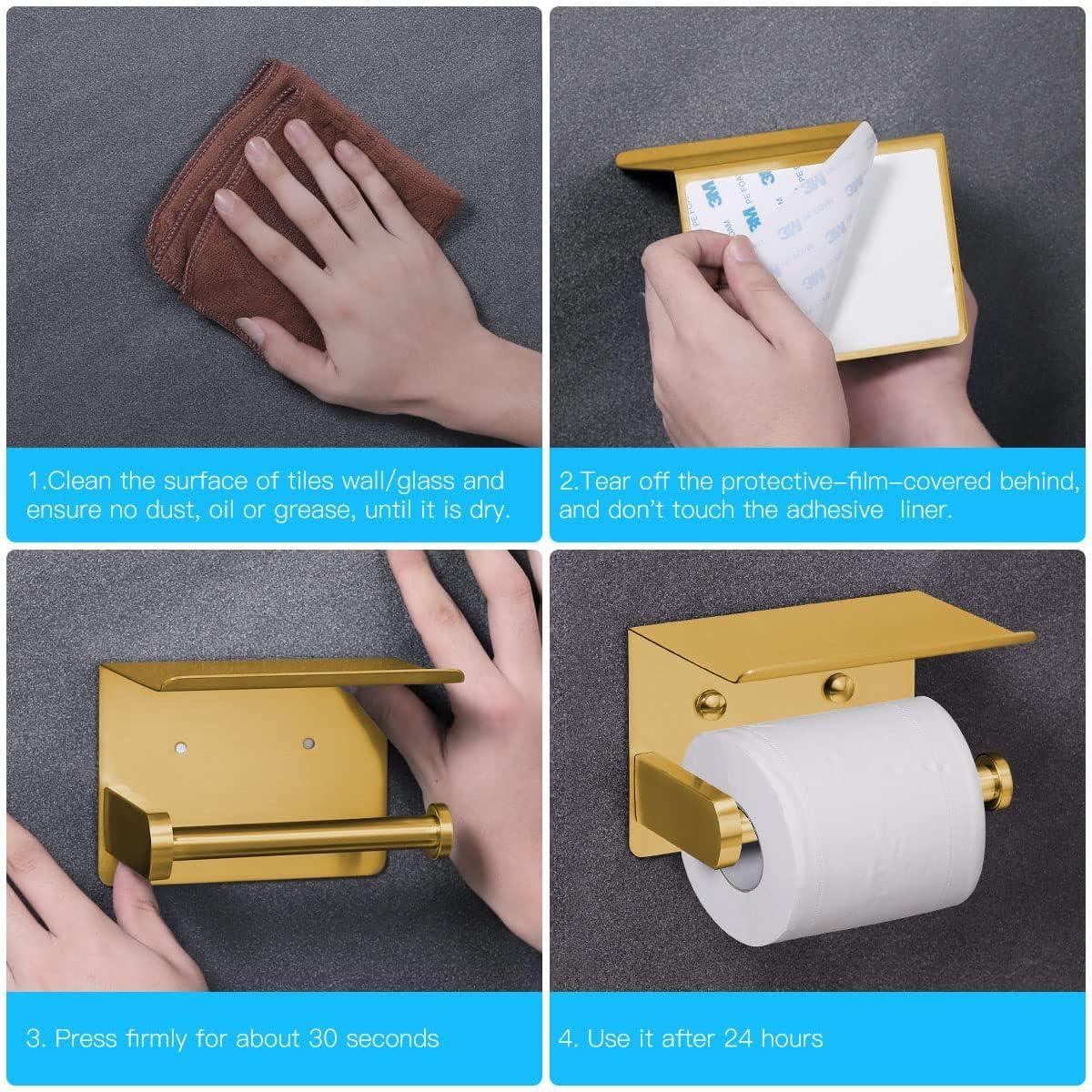 Gold Stainless Steel Self-Adhesive Toilet Paper Holder with Shelf