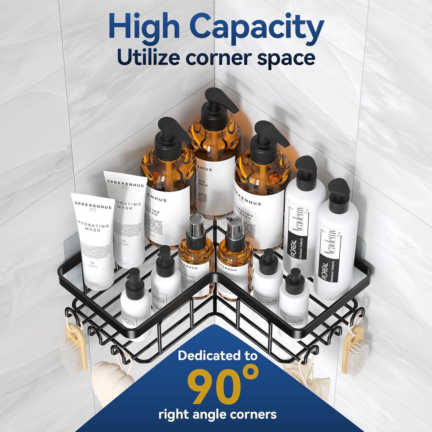 Rebrilliant 3-Pack Corner Adhesive Shower Caddy with Soap Holder & 12 Hooks, Stainless Steel