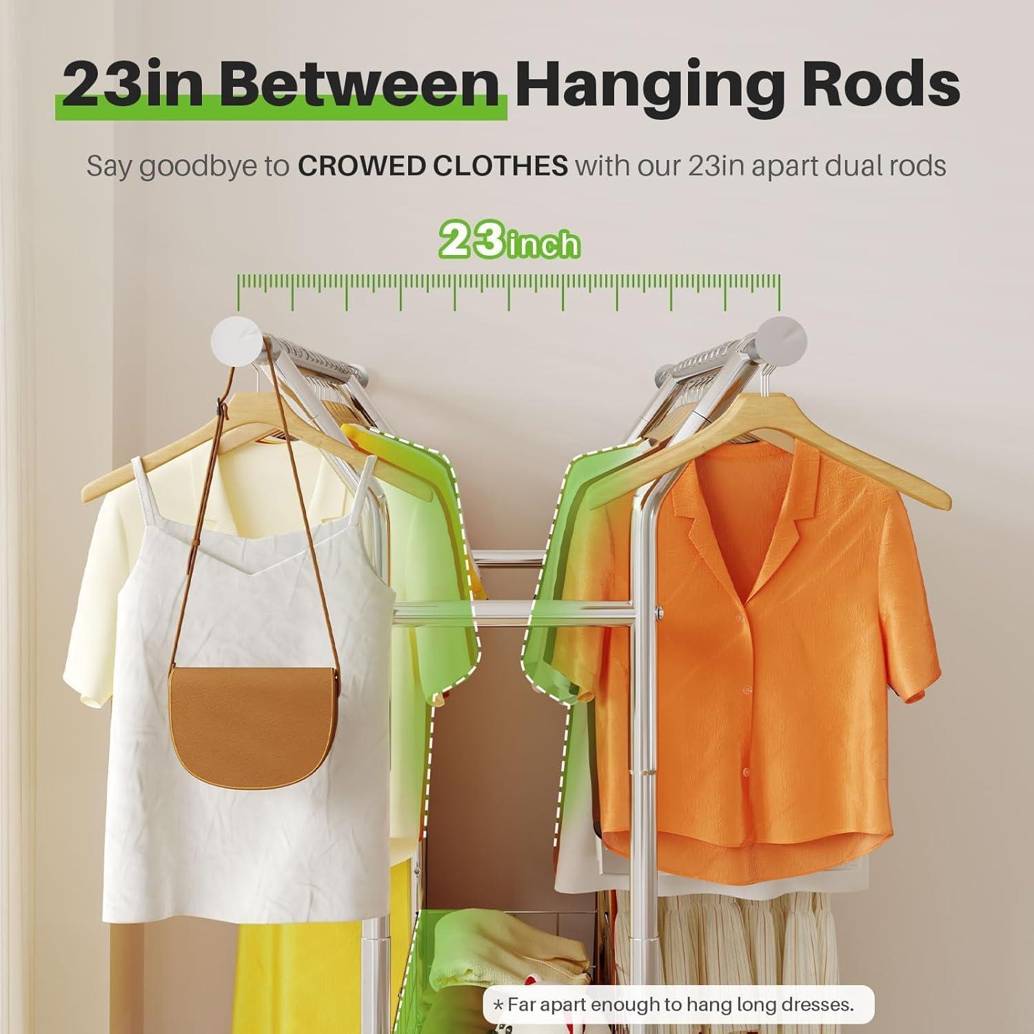 HOKEEPER Heavy Duty Clothing Clothes Rack for Hanging Clothes Adjustable Rolling Garment Rack with Wheels for Bedroom, Living Room (Double Rod with Metal Basket)