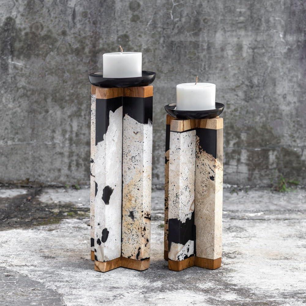 Black and Brown Teak Wood Stone Candle Holders Set