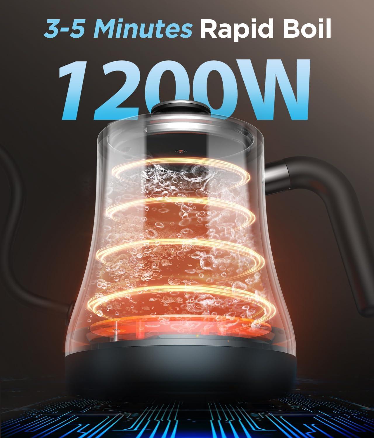 MODERN WALLS LLC Gooseneck Electric Kettle With Temperature Control, Fast Heat Electric Kettle For Pour Over Coffee/Tea, Auto Shut Off & Boil-Dry Protection, 4Hrs Keep Warm, Stainless Steel Inner