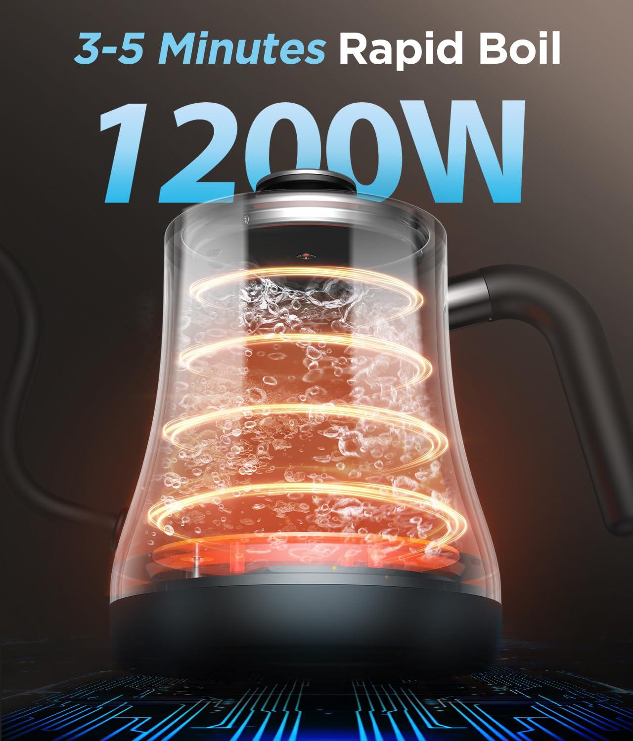 MODERN WALLS LLC Gooseneck Electric Kettle With Temperature Control, Fast Heat Electric Kettle For Pour Over Coffee/Tea, Auto Shut Off & Boil-Dry Protection, 4Hrs Keep Warm, Stainless Steel Inner