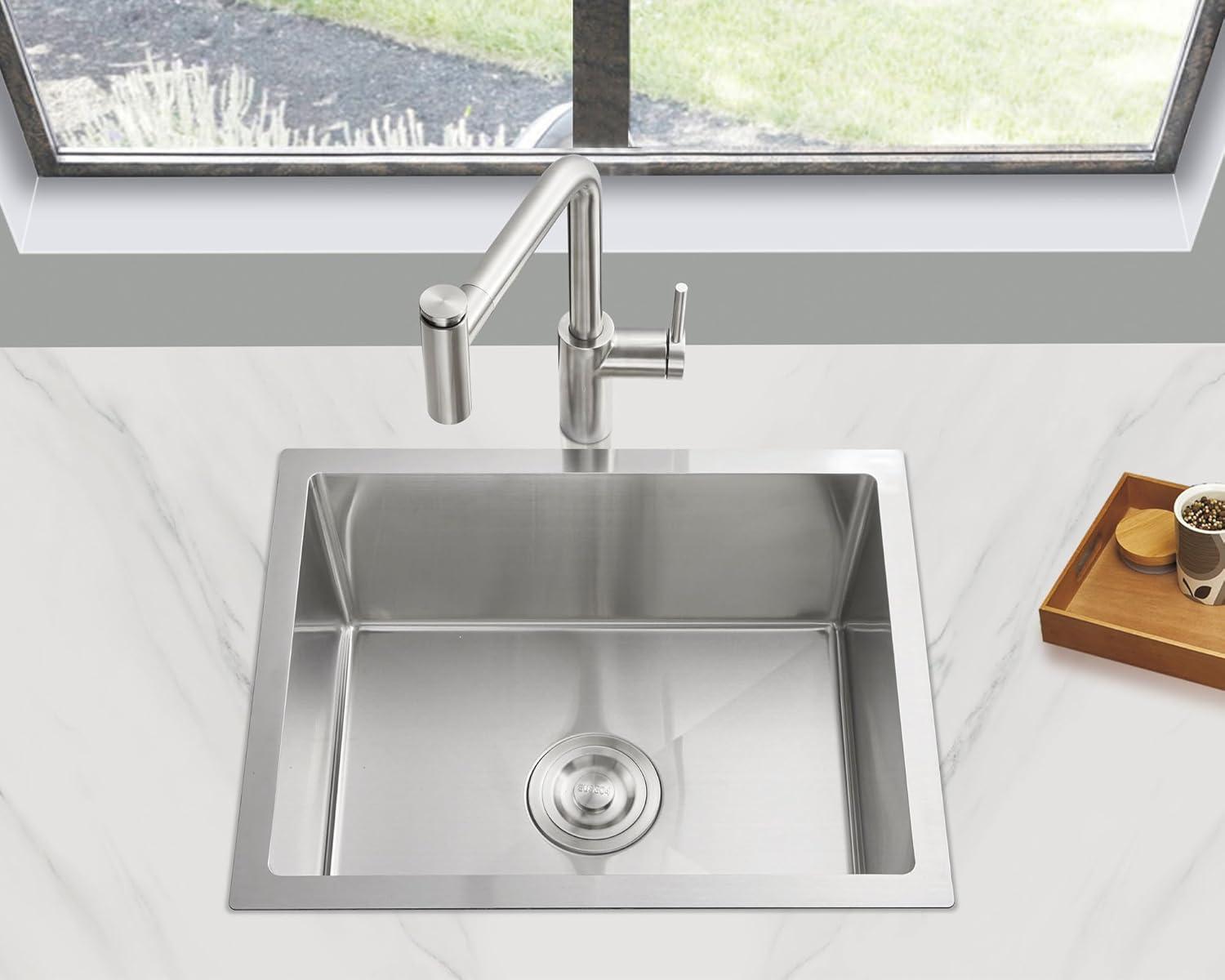 MENATT 22 inch Undermount Kitchen Sink, 22" x 18" Single Bowl Kitchen Sink Undermount Stainless Steel Handmade Bar Sink with Basket Strainer(Brushed)