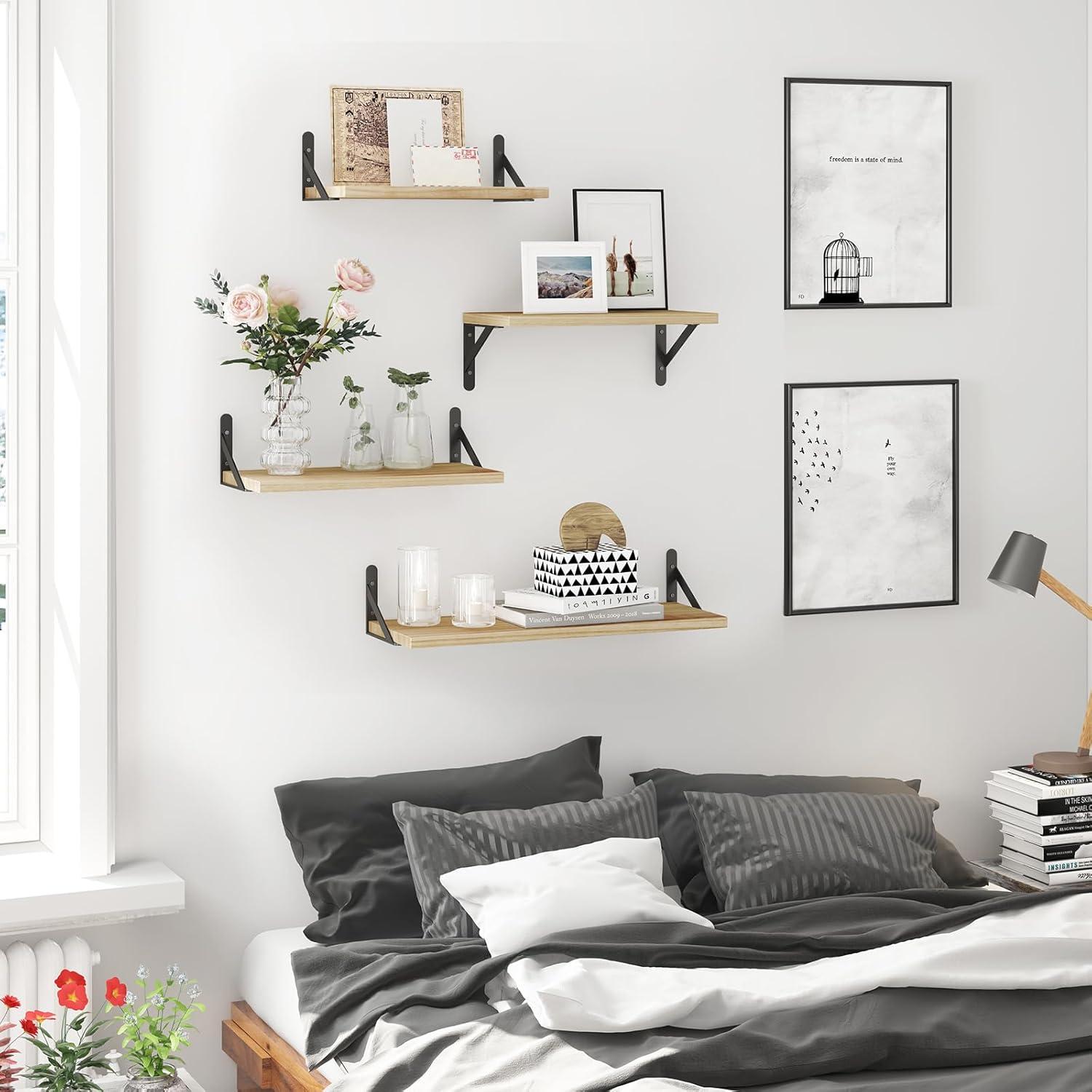 Natural Wood Floating Wall Shelves with Black Metal Brackets, Set of 4