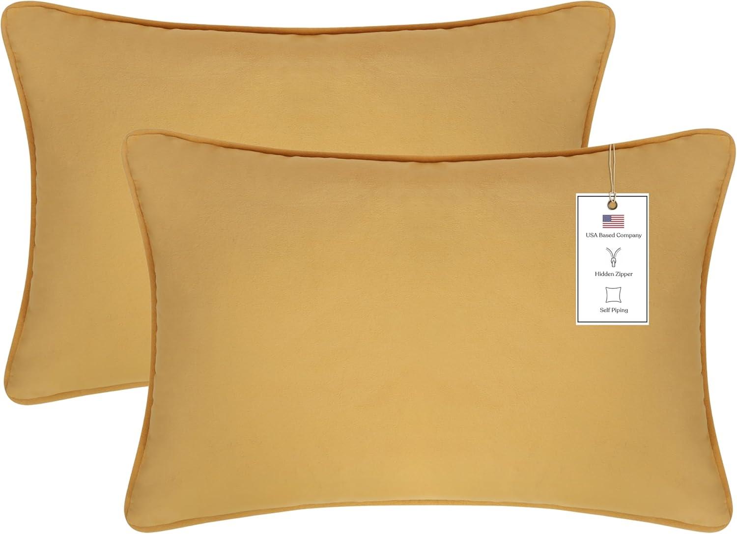 A1HC Set of 2 Luxurious Fine Soft Velvet Throw Pillow Covers Only, Vibrant Colors and Hidden YKK Zipper. Enhance your Living Space with Decorative Couch Pillow 12"x20", Mustard Yellow