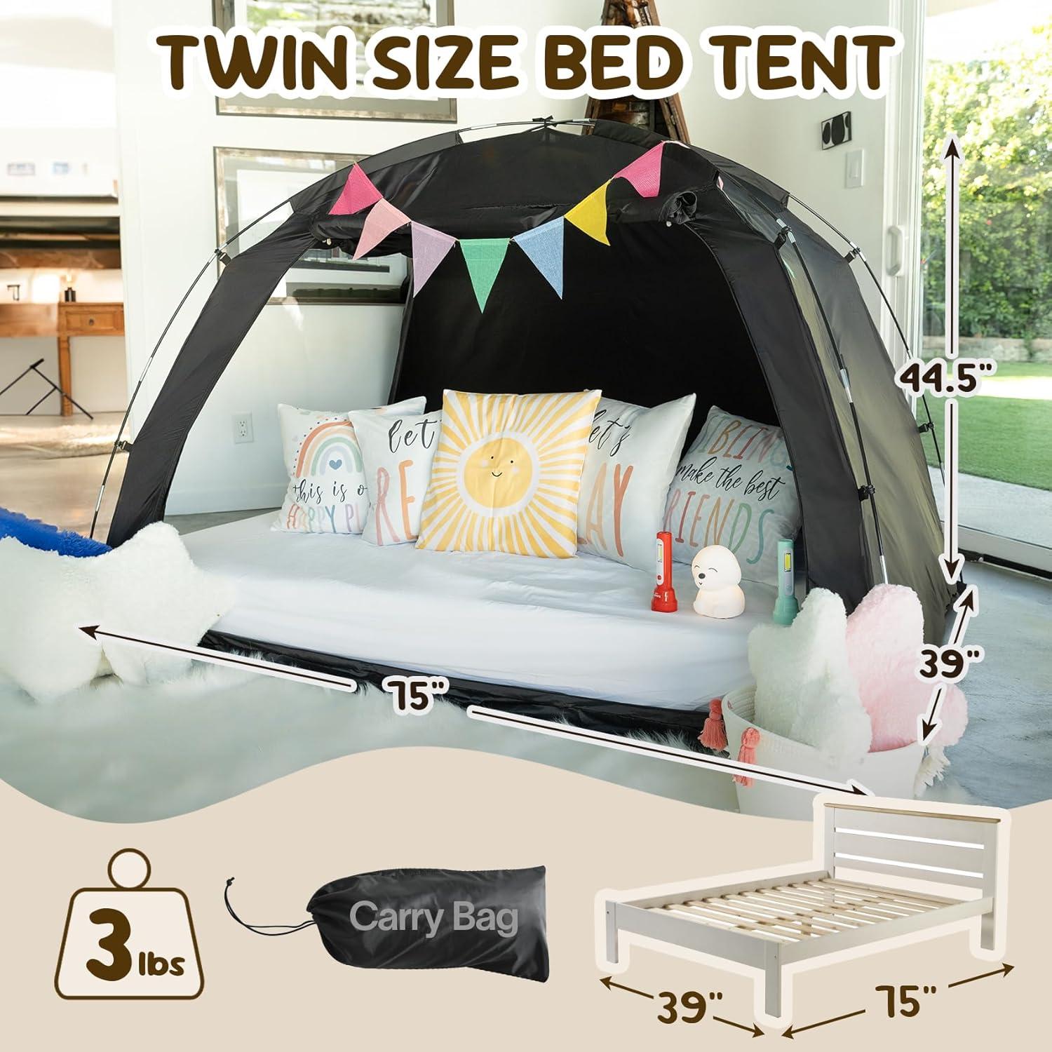 EighteenTek Bed Tent Canopy With Light Strip - Pop Up Privacy Sleeping Tent with 2 Doors, Light Reducing & Breathable Design, Portable Frame, Black