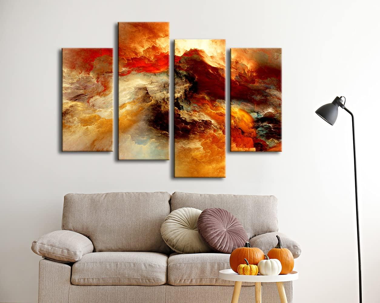 Pyradecor Large Canvas Prints Wall Art Colorful Clouds Landscape Pictures Paintings for Living Room Bedroom Home Decorations 4 Piece Modern Orange Abstract Stretched Artwork