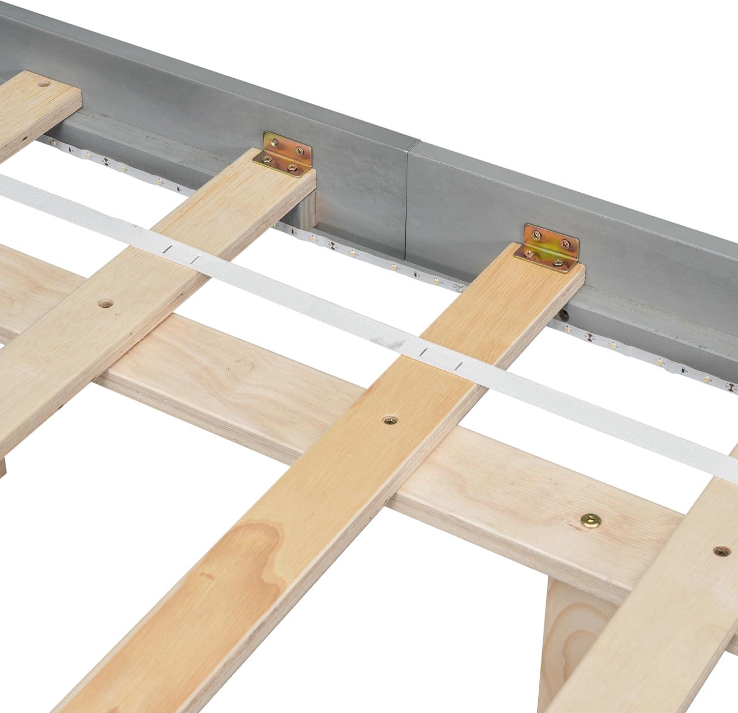 PAPROOS King Size Bed Frame, Wooden Floating Bed with LED Lights Underneath, Low Profile Basic Platform Bed, No Box Spring Needed, Gray