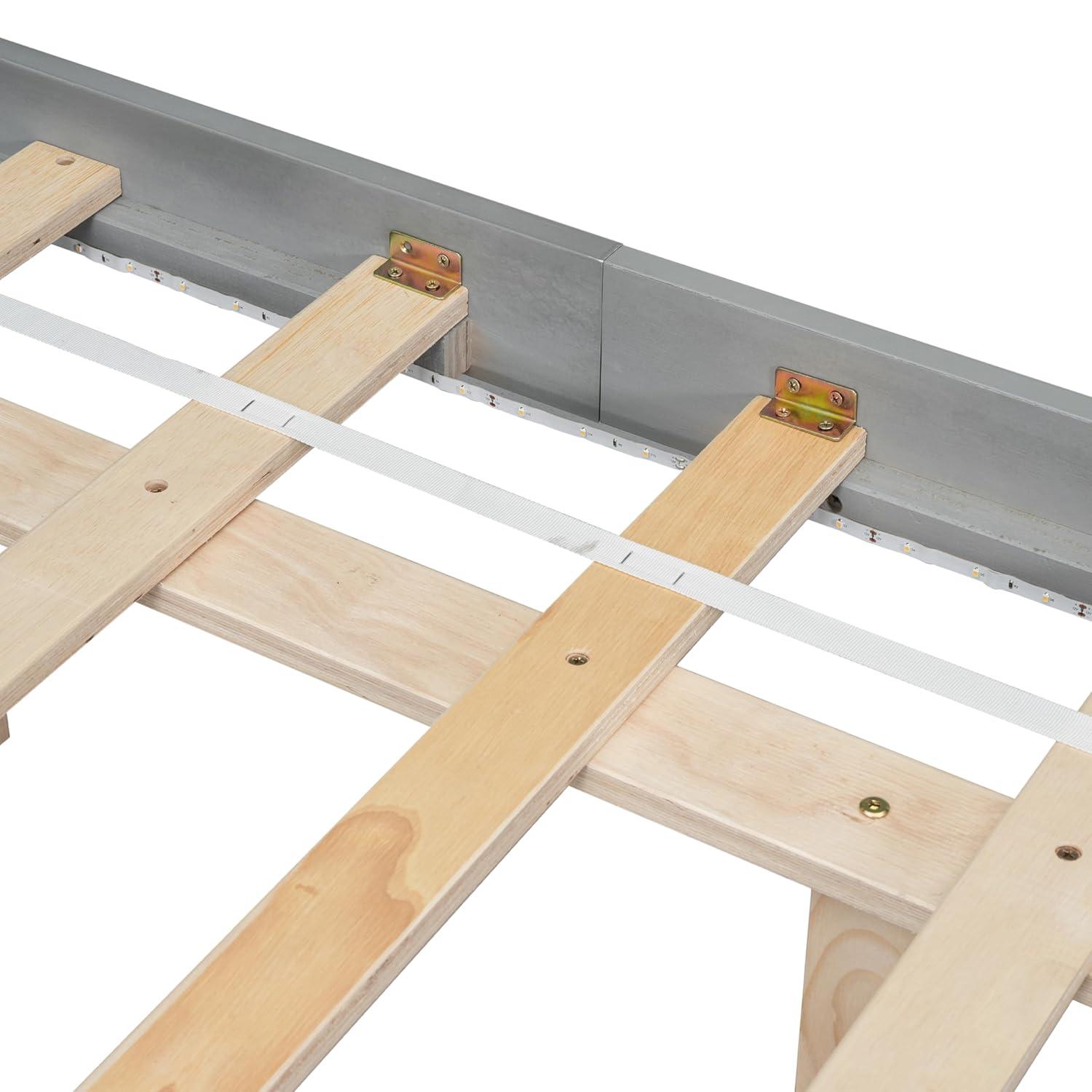 PAPROOS King Size Bed Frame, Wooden Floating Bed with LED Lights Underneath, Low Profile Basic Platform Bed, No Box Spring Needed, Gray