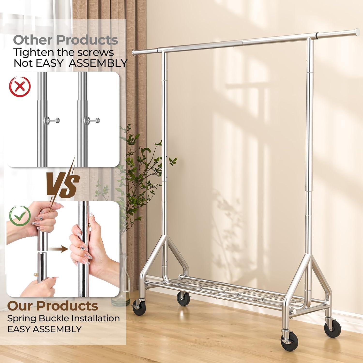 Heavy Duty Clothes Rack Load 450 LBS, Metal Garment Rack, Standing Rolling Clothing Rack for Hanging Clothes with Sturdy Wheels & Shelves, Portable Closet Wardrobe Rack,Sliver