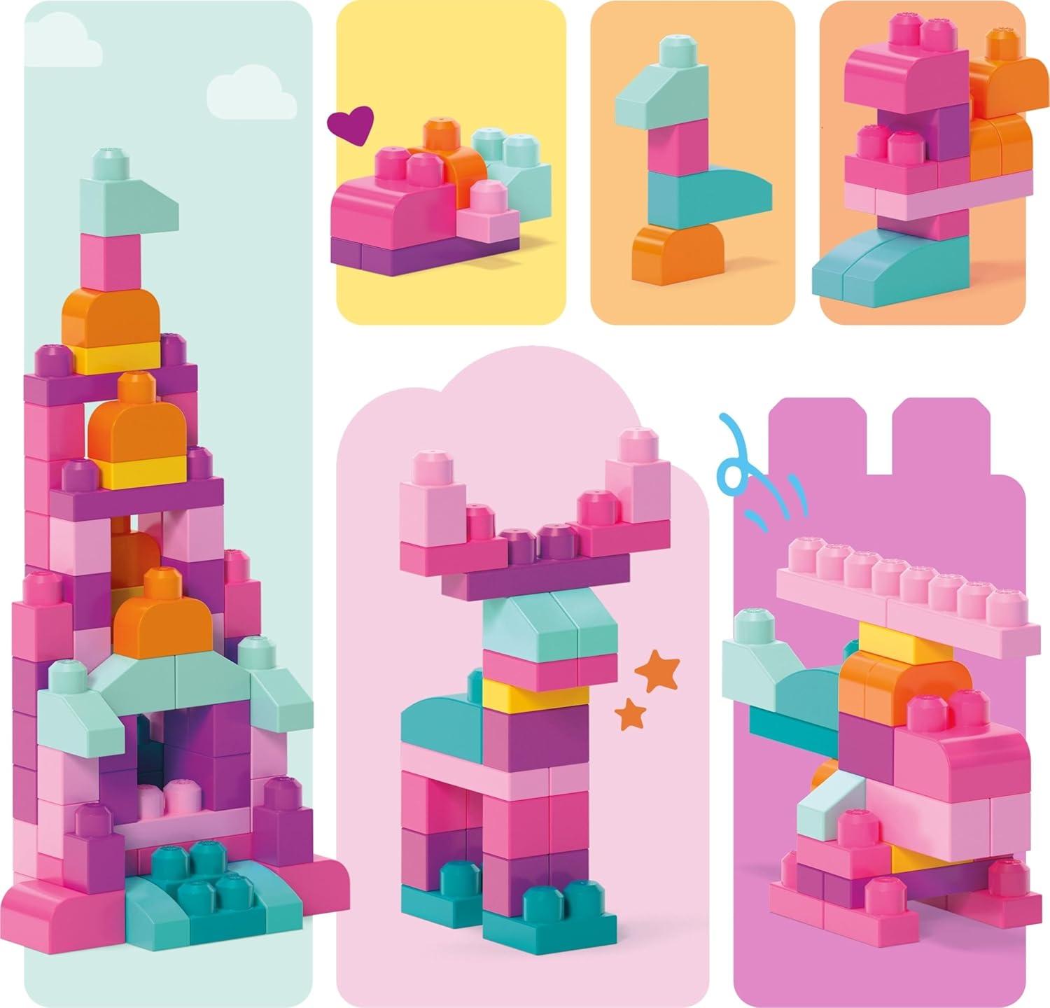 MEGA BLOKS Fisher-Price Toy Blocks Big Building Bag with Storage (80 Pieces) for Toddler, Pink