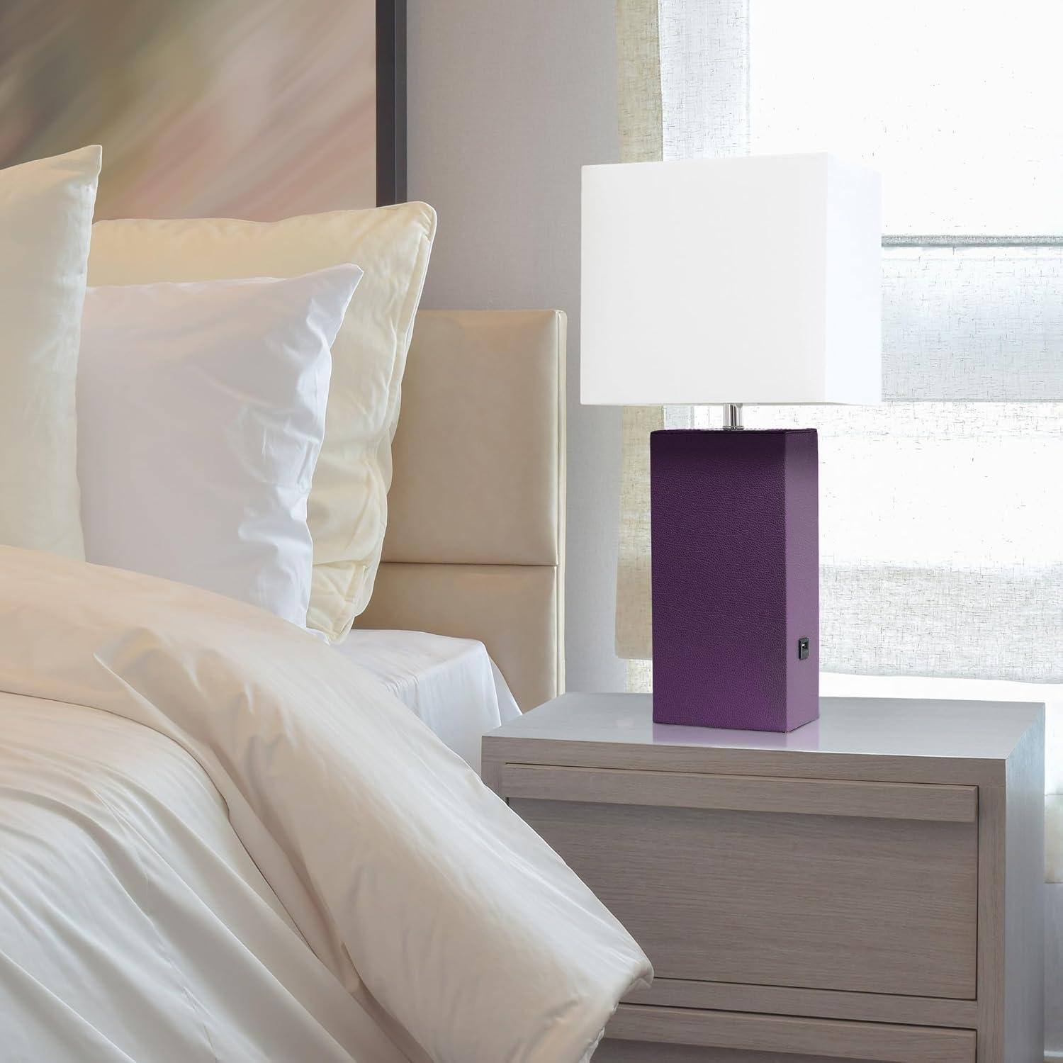 Eggplant Leather Nightstand Lamp with White Fabric Shade and USB Port