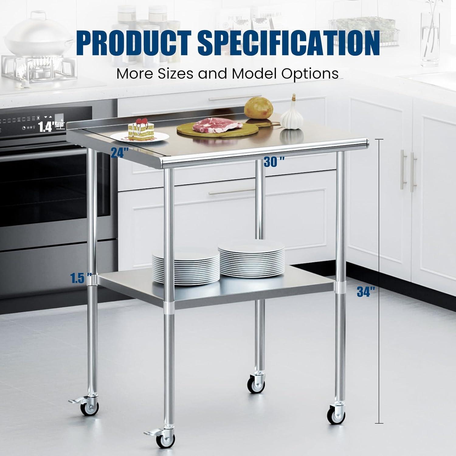 Heavy Duty Stainless Steel Kitchen Prep Table with Adjustable Undershelf and Wheels