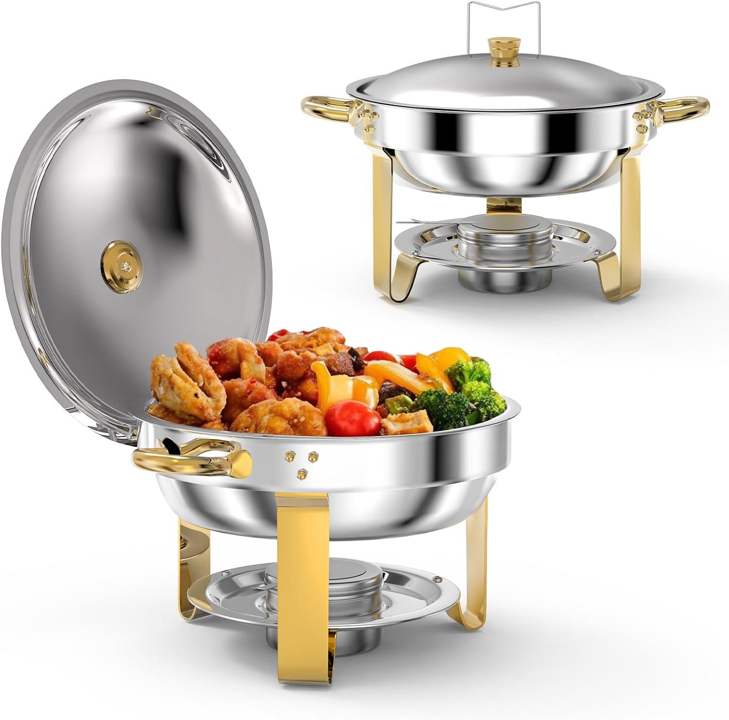 WhizMax Chafing Dish Buffet Set 2 Pack 5QT, Stainless Steel Round Chafing Dishes for Buffet with Lid Holder & Glass Lid, Gold