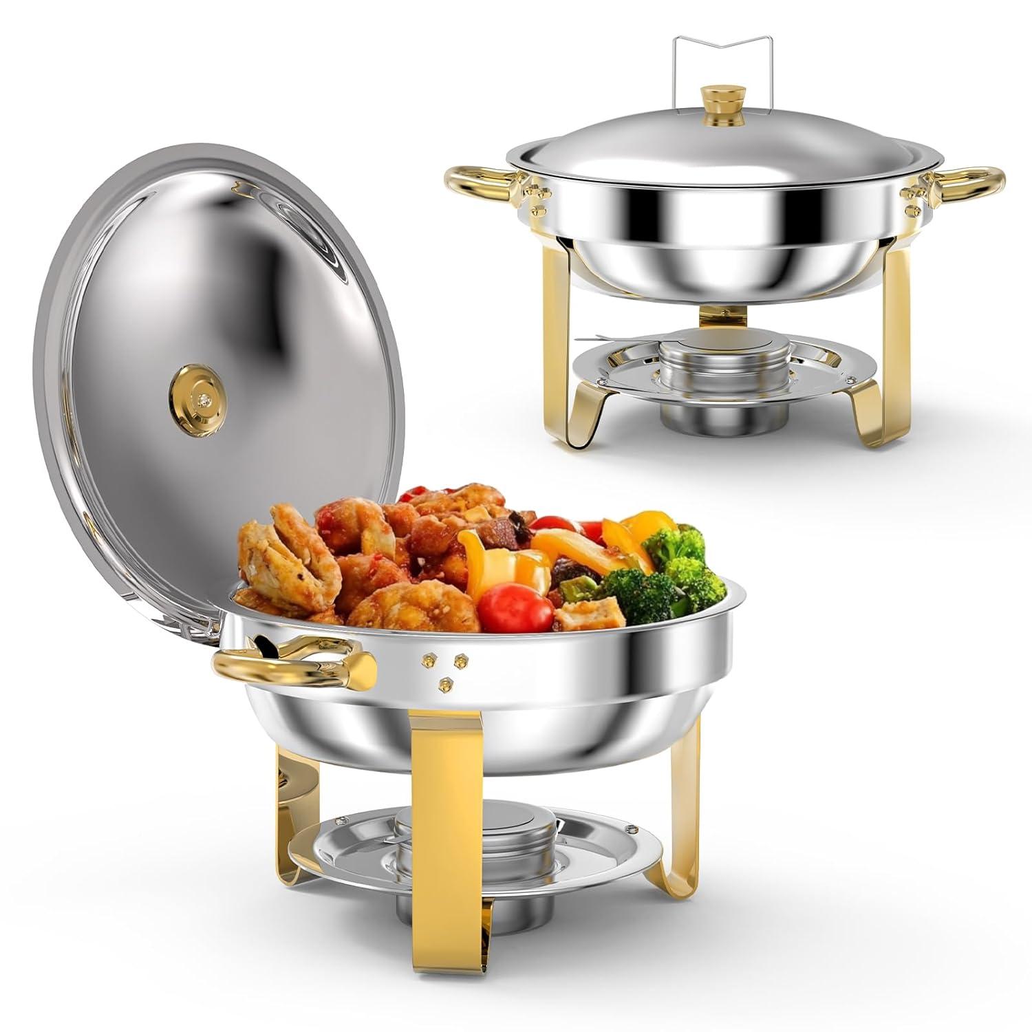 WhizMax Chafing Dish Buffet Set 2 Pack 5QT, Stainless Steel Round Chafing Dishes for Buffet with Lid Holder & Glass Lid, Gold