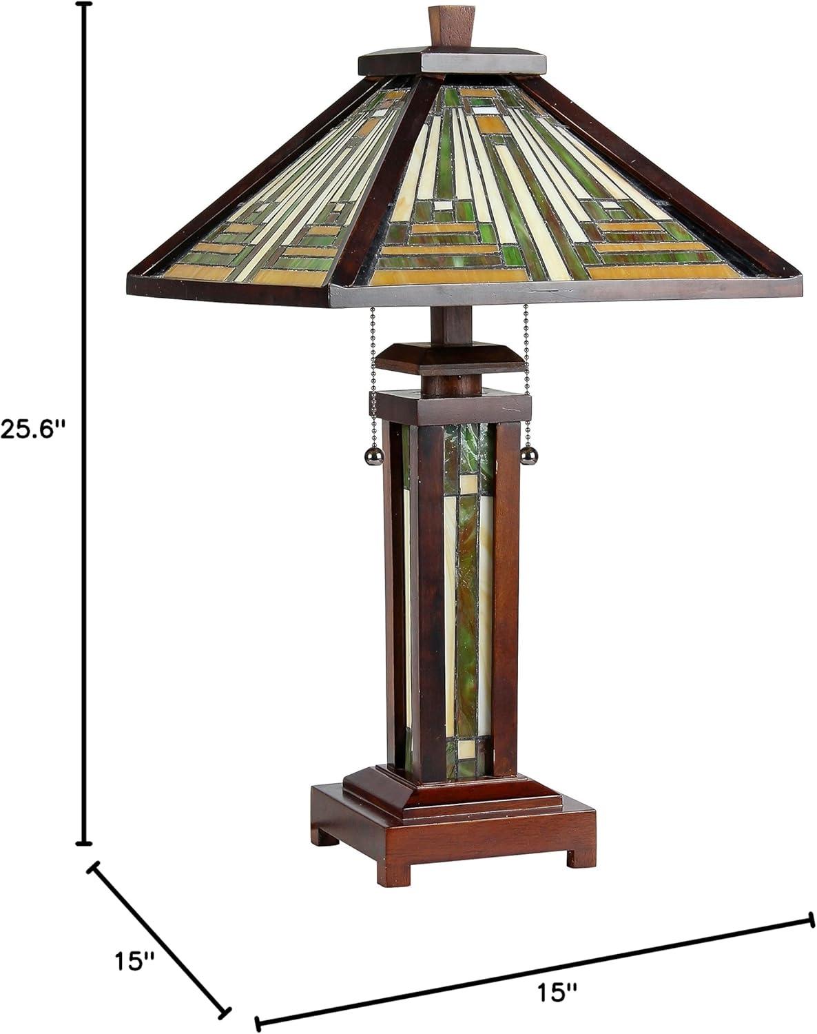 15 Inch Wooden Frame Table Lamp with Tiffany Style Glass Shade, Multicolor