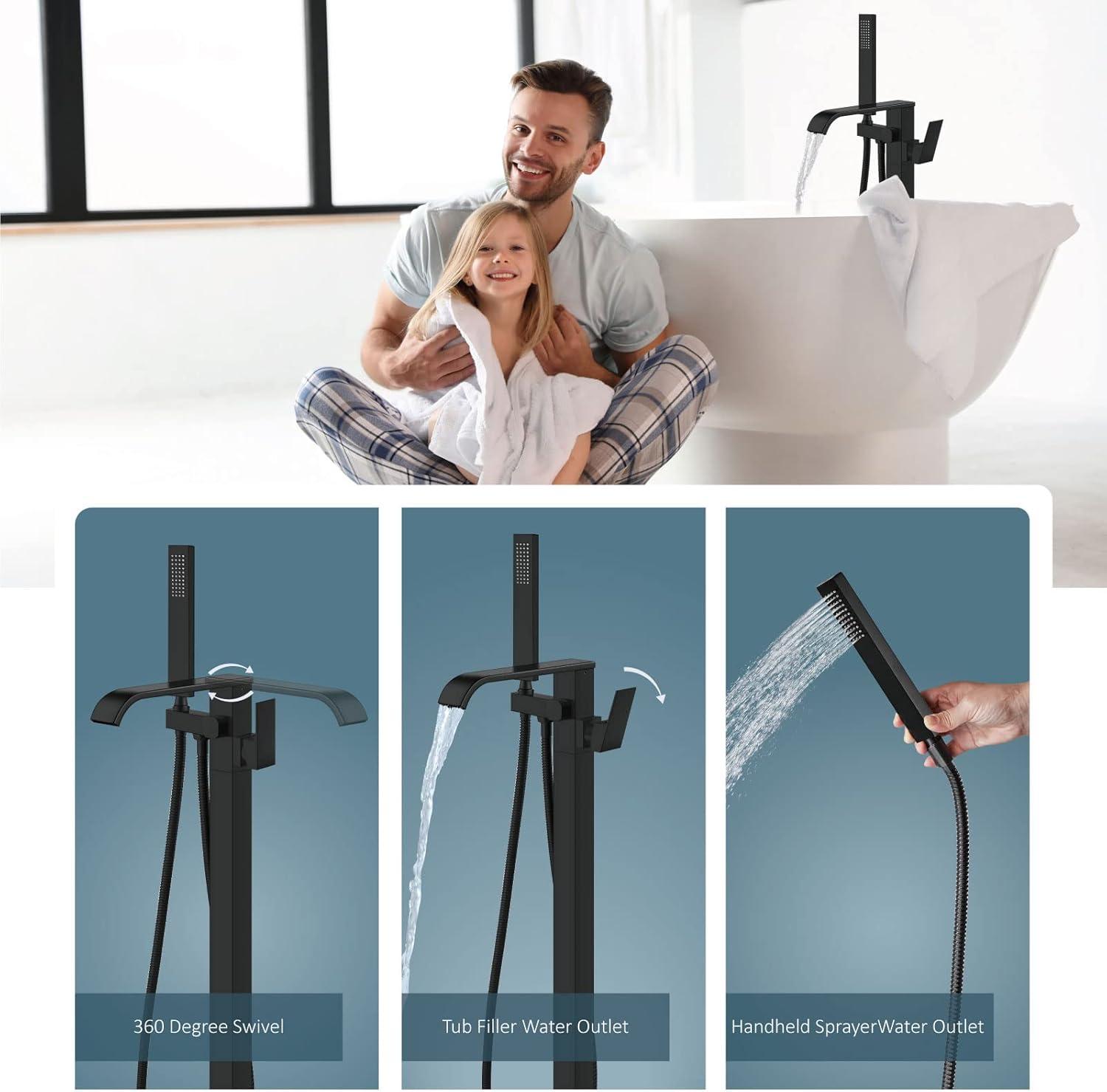 AlenArtWater Waterfall Tub Filler Freestanding Bathtub Faucet Floor Mount Brass Single Handle Bathroom Faucets with Hand Shower 93-LJQKCZ