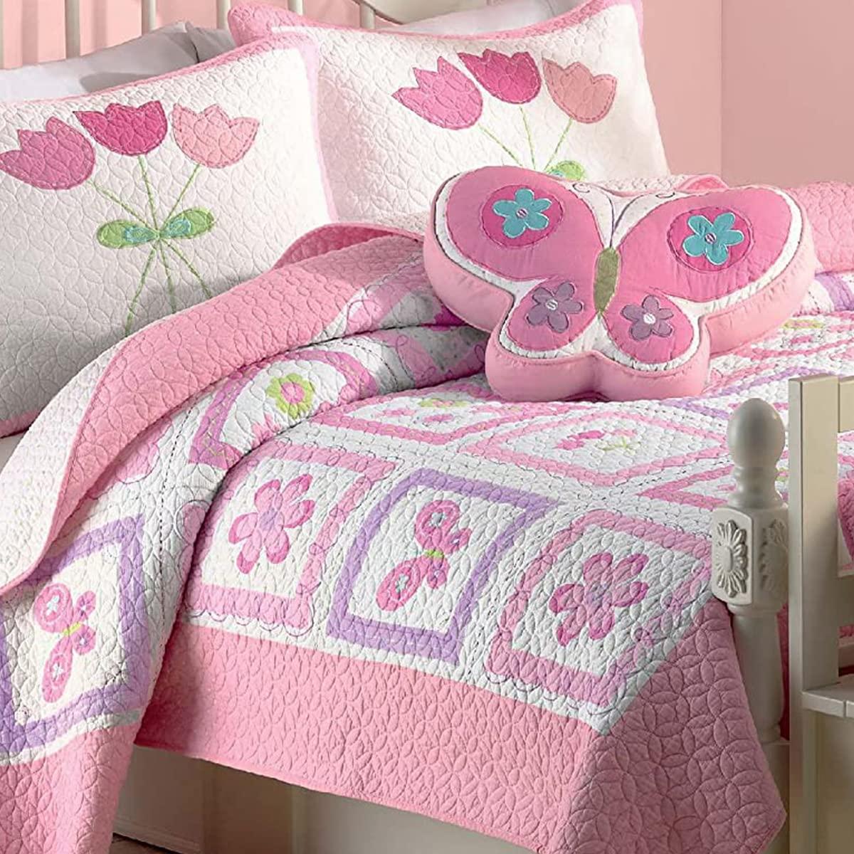 Pink and White Cotton Butterfly Floral Twin Quilt Set