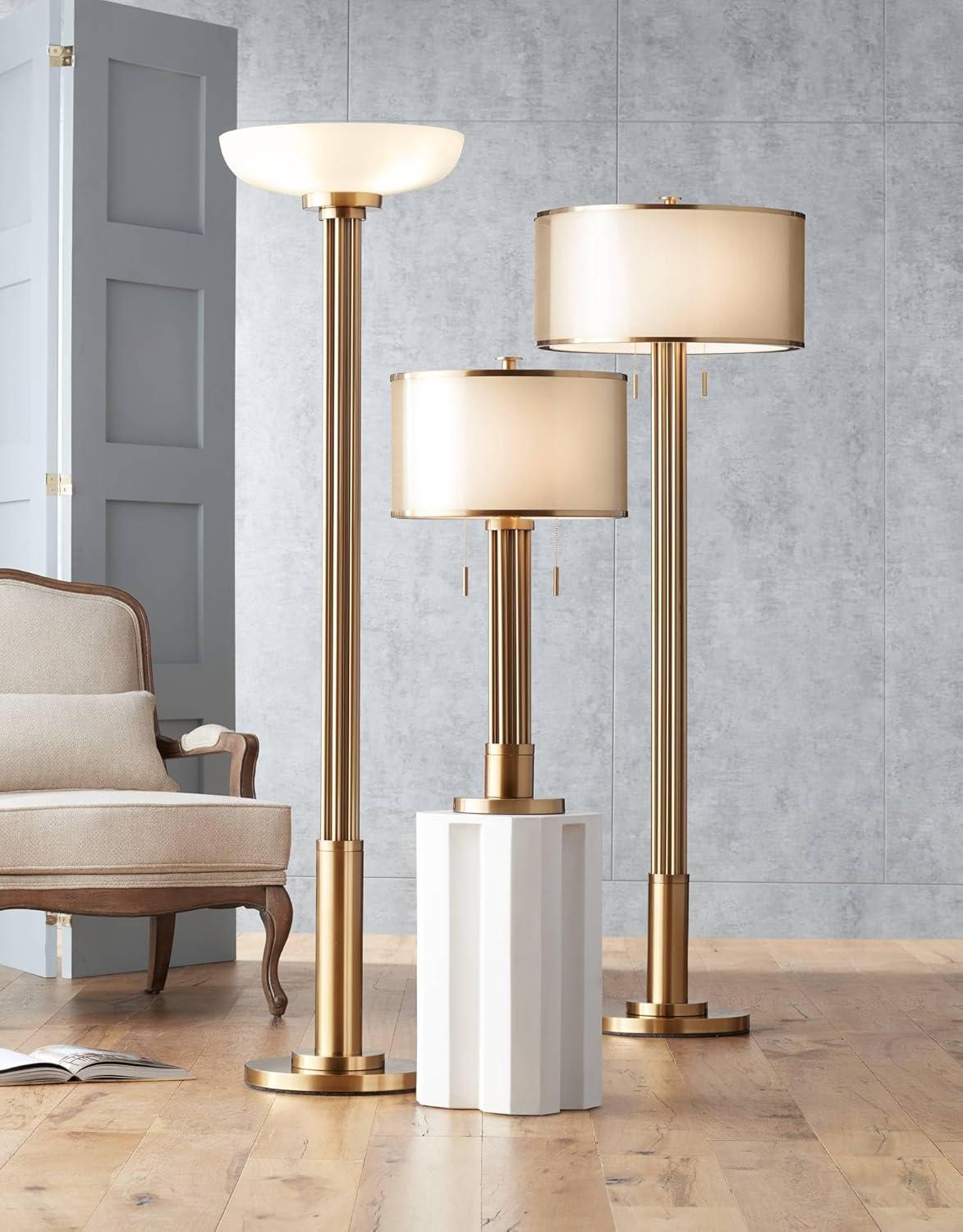 Possini Euro Design Modern Torchiere Floor Lamp 70" Tall Warm Antique Gold Metal Glass Shade for Living Room Reading Bedroom Office Uplight