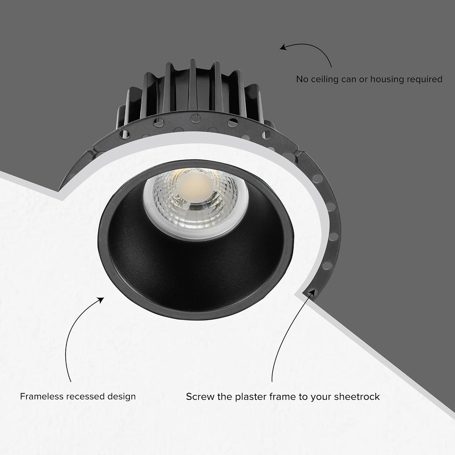 Maxxima 2 in. Trimless Slim Round Recessed Anti-Glare LED Downlight, Black, Canless IC Rated, 600 Lumens, 5 CCT 2700K-5000K