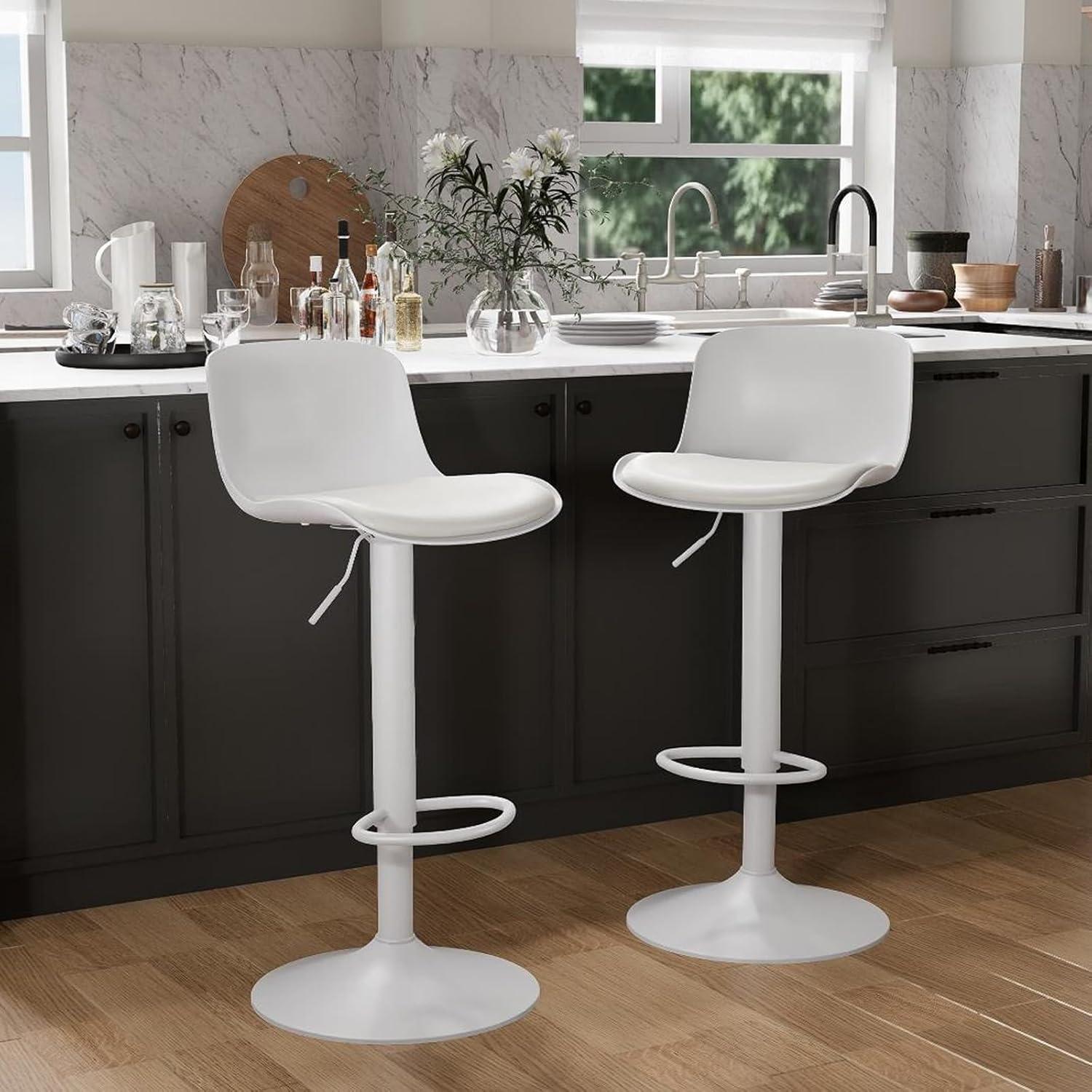 Height Adjustable Swivel PP Bar Stool with PU Padded Seat, White, Set of 2