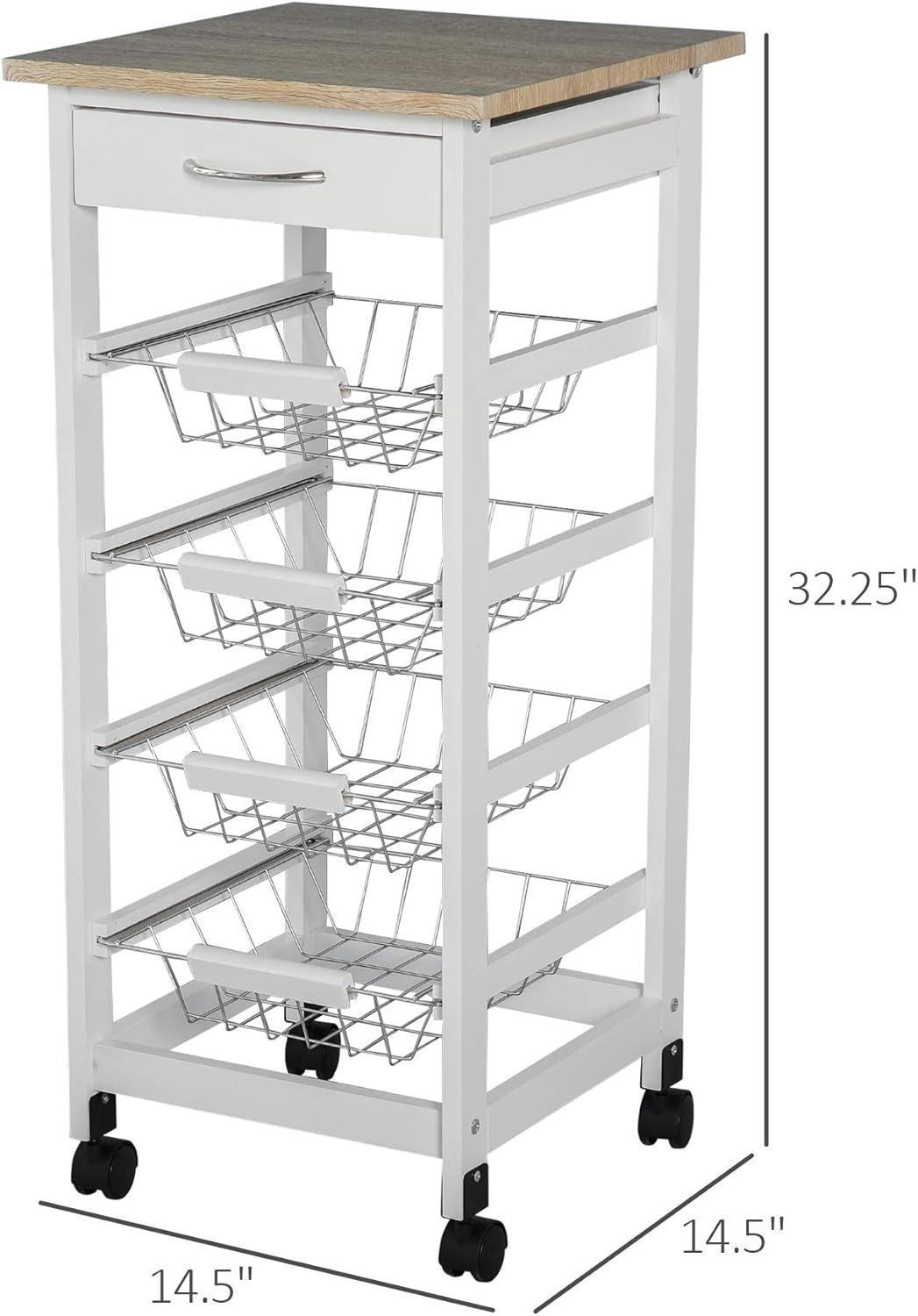 HOMCOM 32.25" Wooden Rolling Kitchen Storage Cart on 360° Swivel Wheels with Ample Storage Space & Solid Structure White