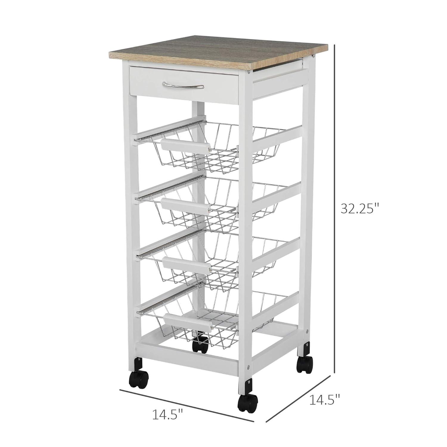 HOMCOM 32.25" Wooden Rolling Kitchen Storage Cart on 360° Swivel Wheels with Ample Storage Space & Solid Structure White