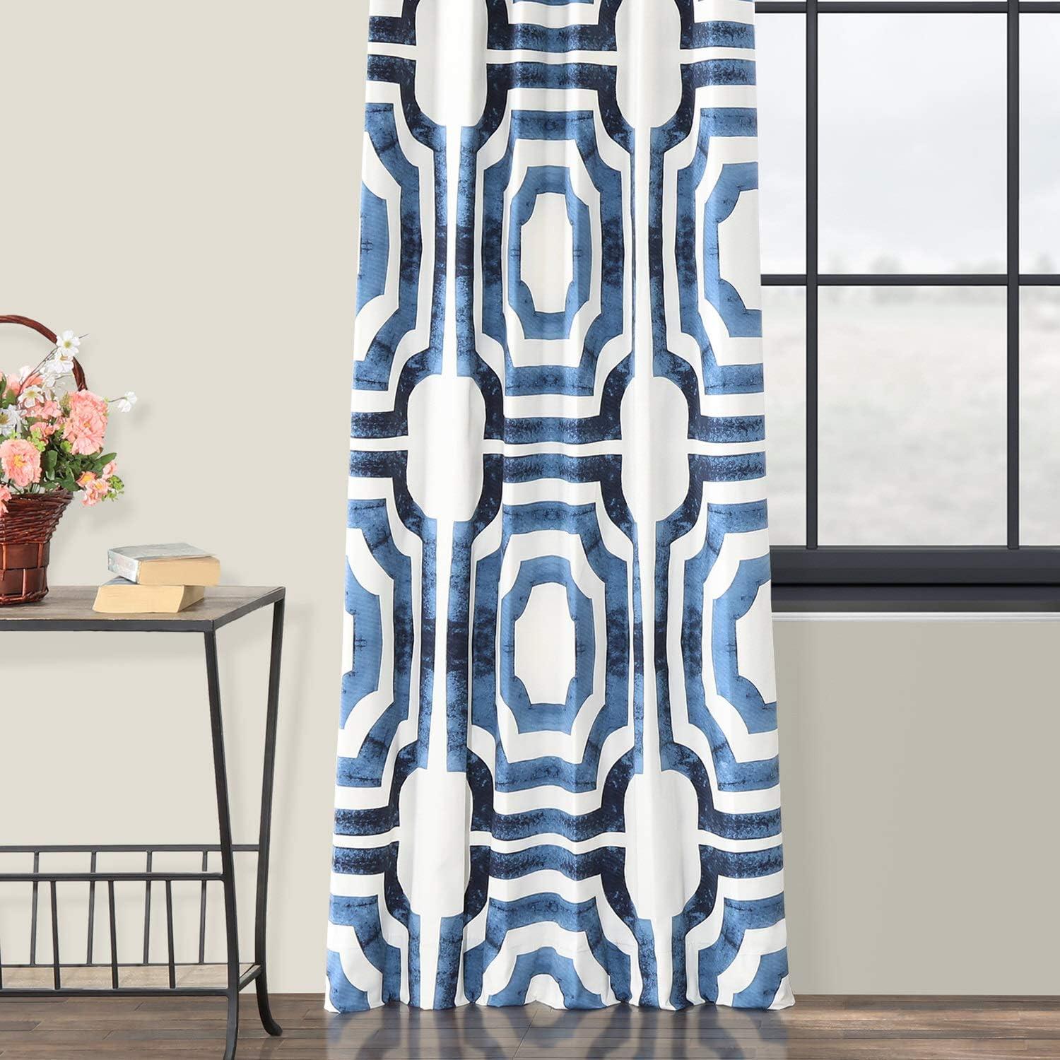Mecca Blue Printed Cotton Curtain (1 Panel), Mecca Blue, 50W X 120L