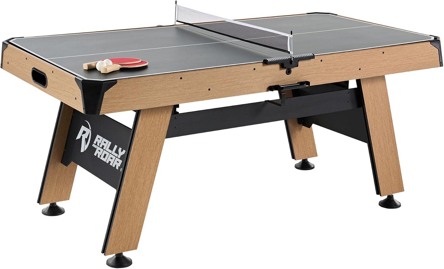 72-Inch Oak and Black Air Hockey Table with LED Scorer and Table Tennis Top