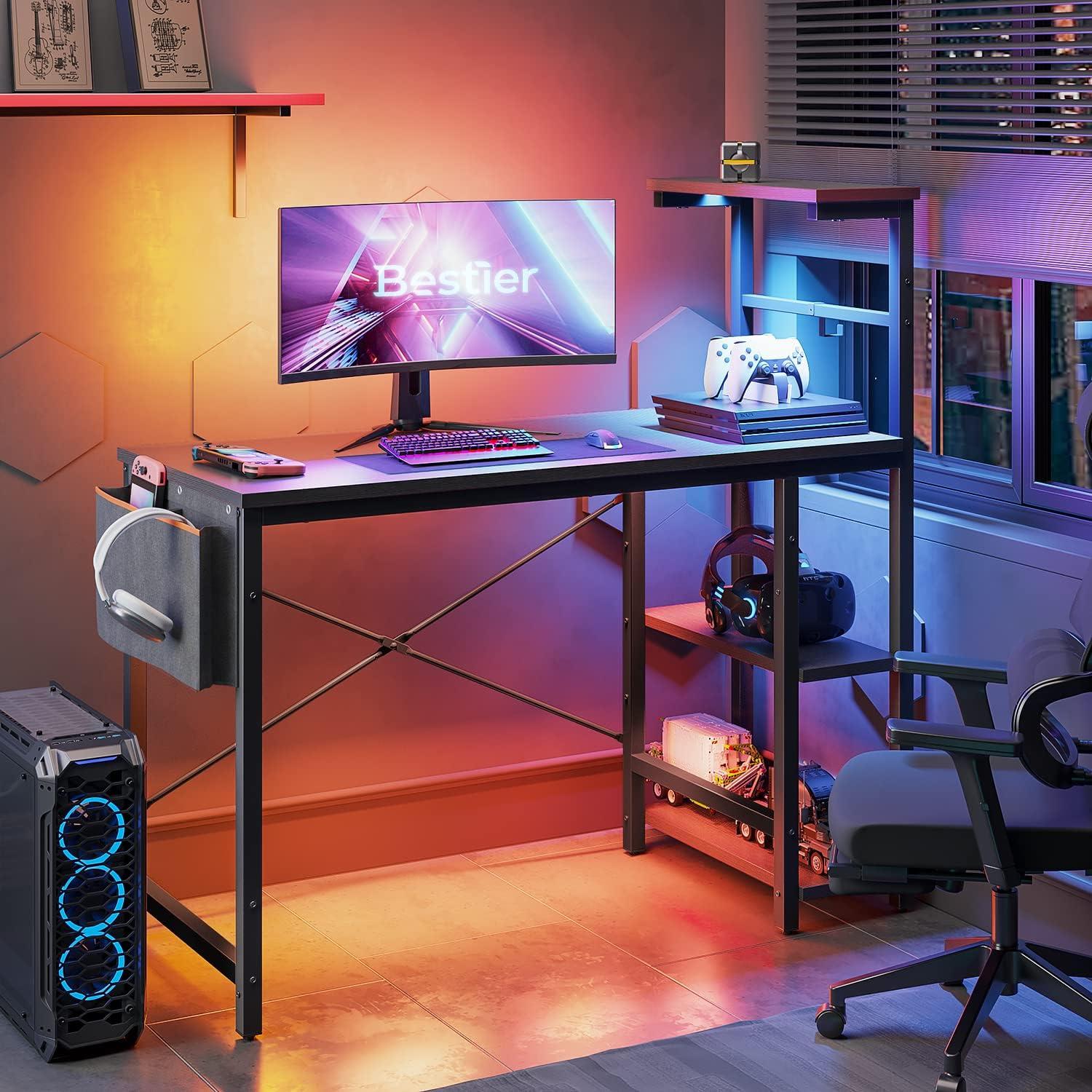 Bestier Computer Gaming PC Desk 44 inch Gamer Table with LED Lights, Reversible 4 Tier Storage Shelves, Black