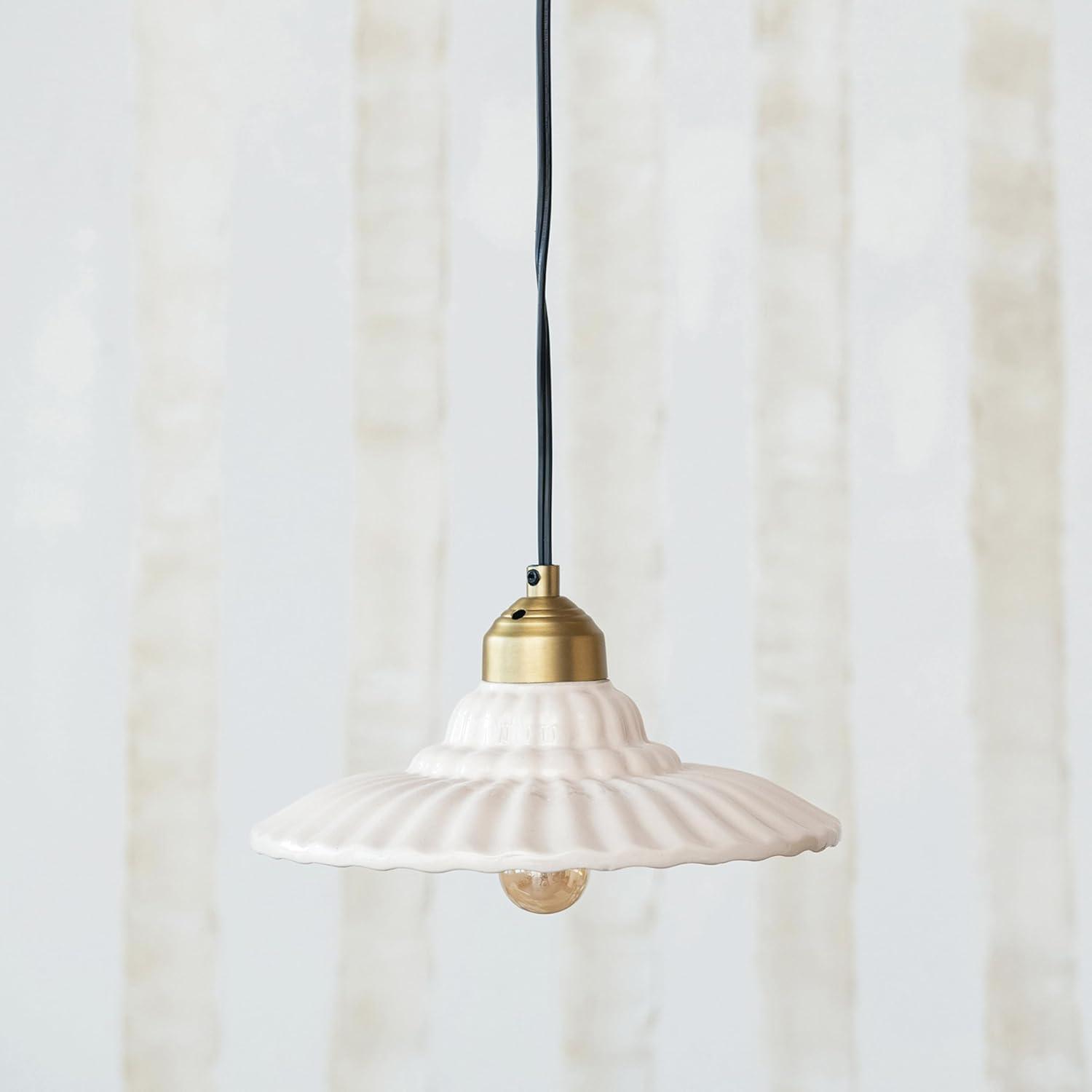 Cream Pleated Stoneware Pendant Lamp with Gold Accents