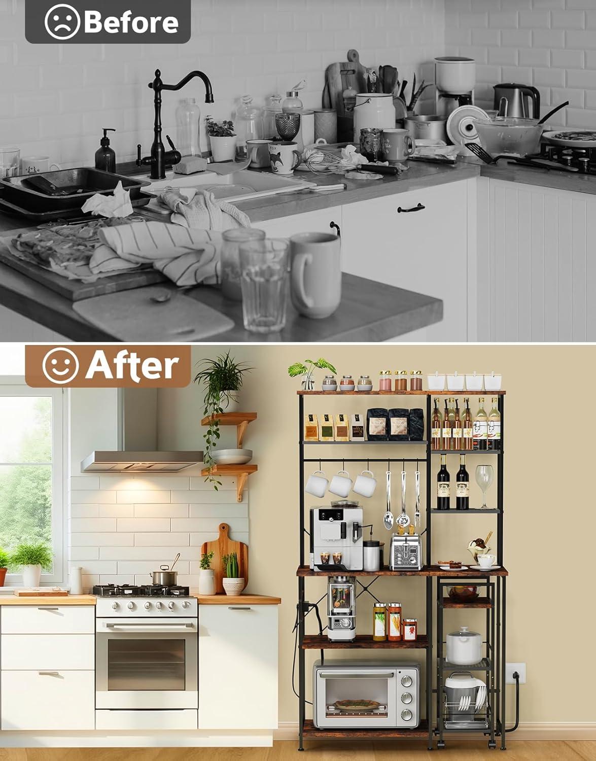 17 Stories Bakers Rack With Mobile Kitchen Utility Shelf ,Adjustable Height, Multi-Compartment Storage With Power Outlet ,6 Hooks For Bread Machines, Coffee Bar, Microwave Stand, Rustic Brown And Black