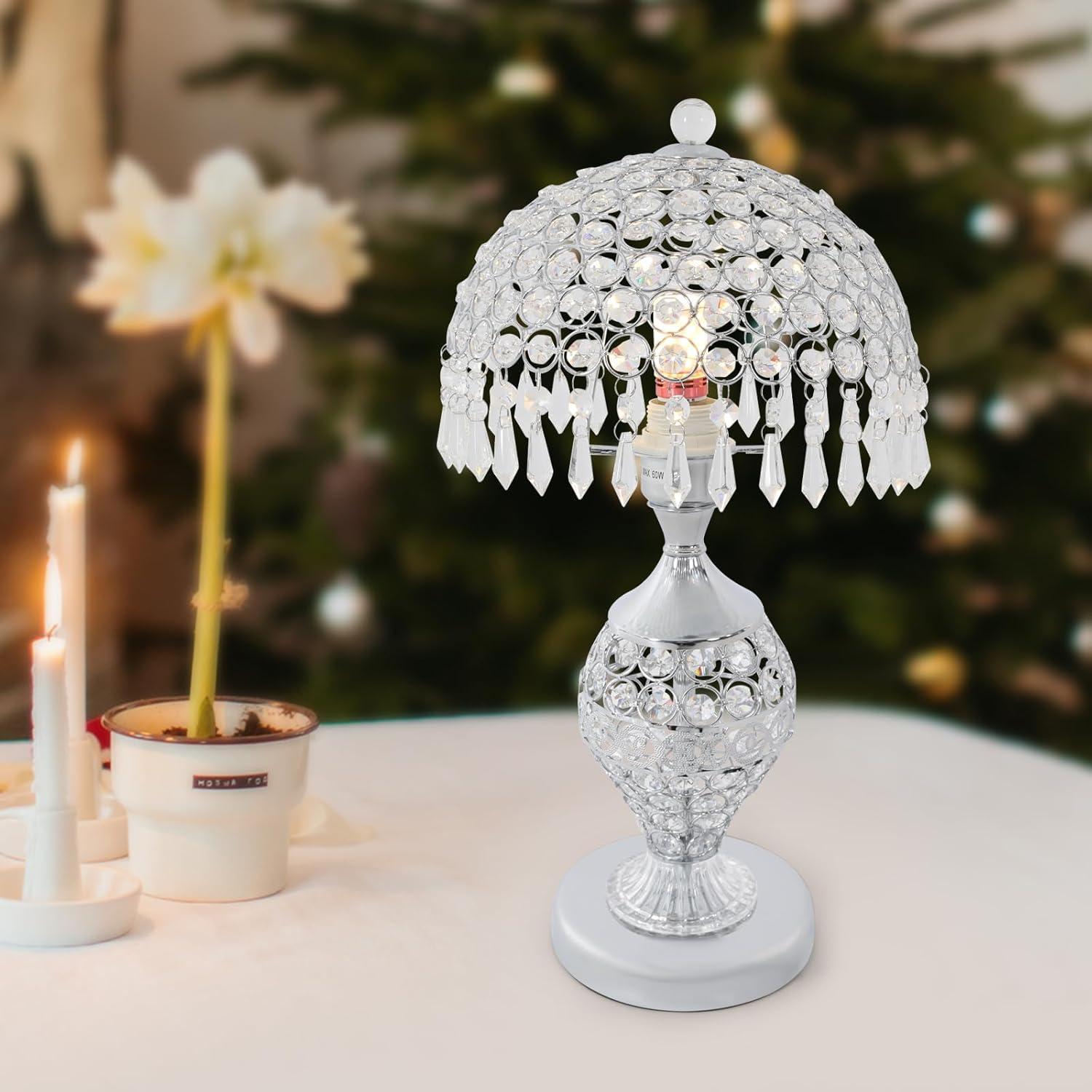 Modern Crystal Table Lamp 18in High Nightstand Table Lamp Bedside End Table Lamp Decorative Room Desk Lamp Crystal Desk Night Light for Bedroom, Living Room