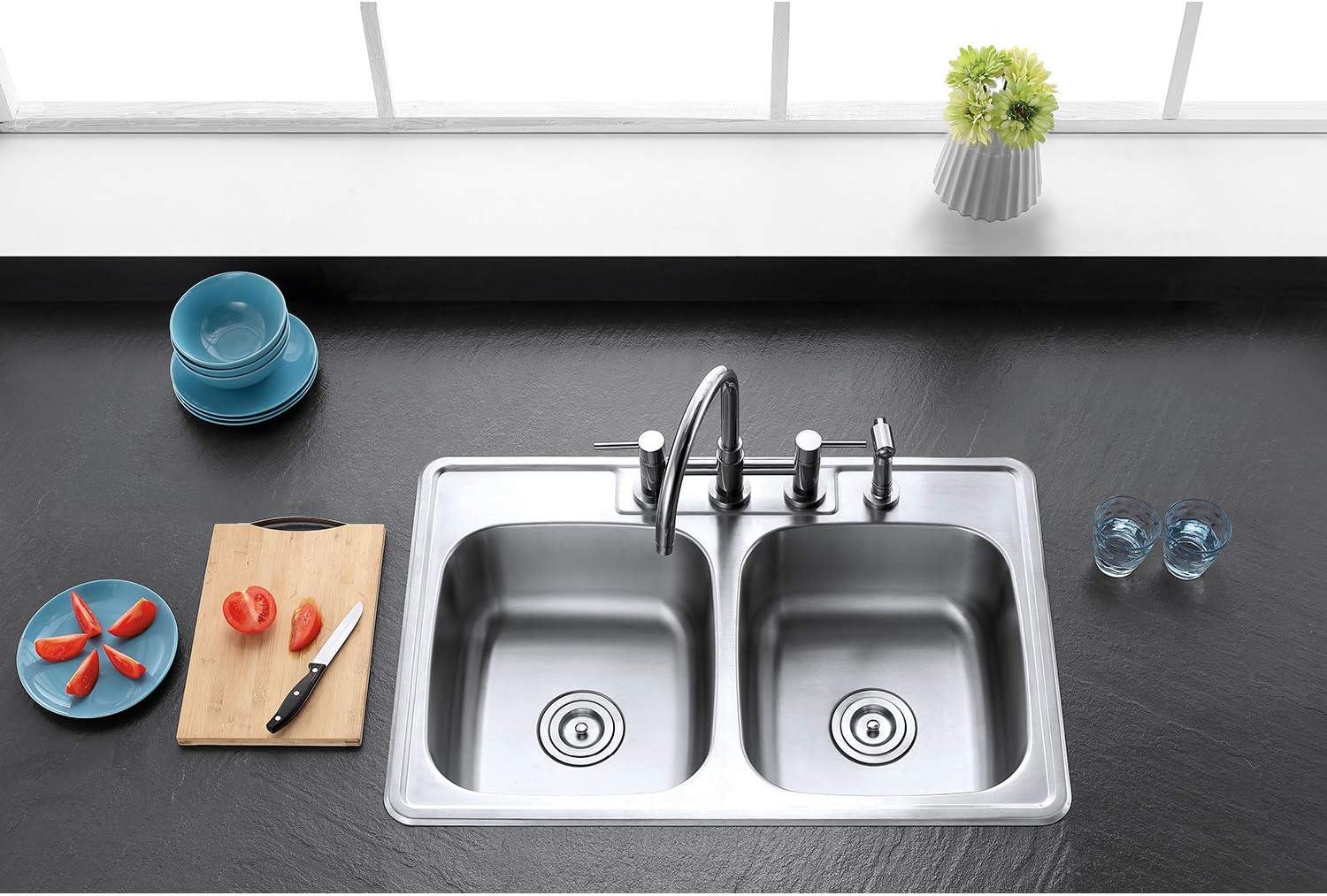 Kingston Brass Studio 33-Inch Stainless Steel Self-Rimming Double Bowl Drop-In Kitchen Sink With 4-Hole Drain And Strainer