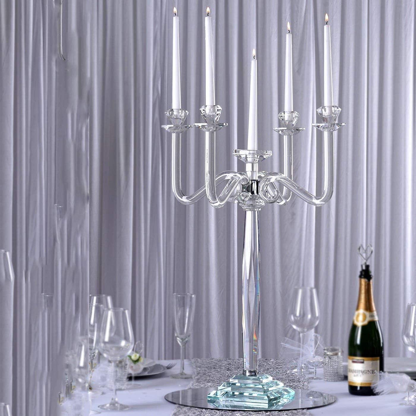 Efavormart 27" Tall Handcrafted Gem Cut 5 Arm Crystal Modern Glass Candelabra Candle Holder Wedding Centerpiece