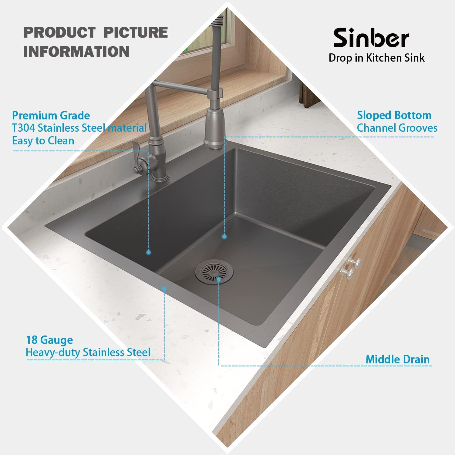 Sinber 25" x 22" Drop In Single Bowl Kitchen Sink with 18 Gauge 304 Stainless Steel Black Finish