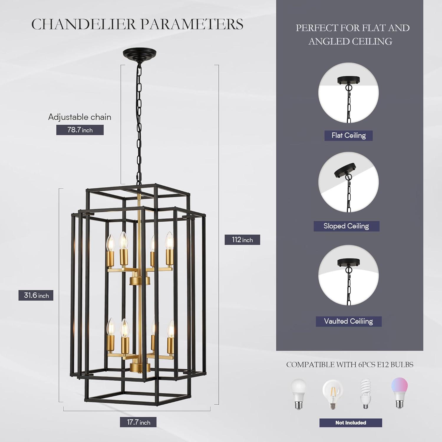 8-Light Black and Gold Industrial Lantern Chandelier