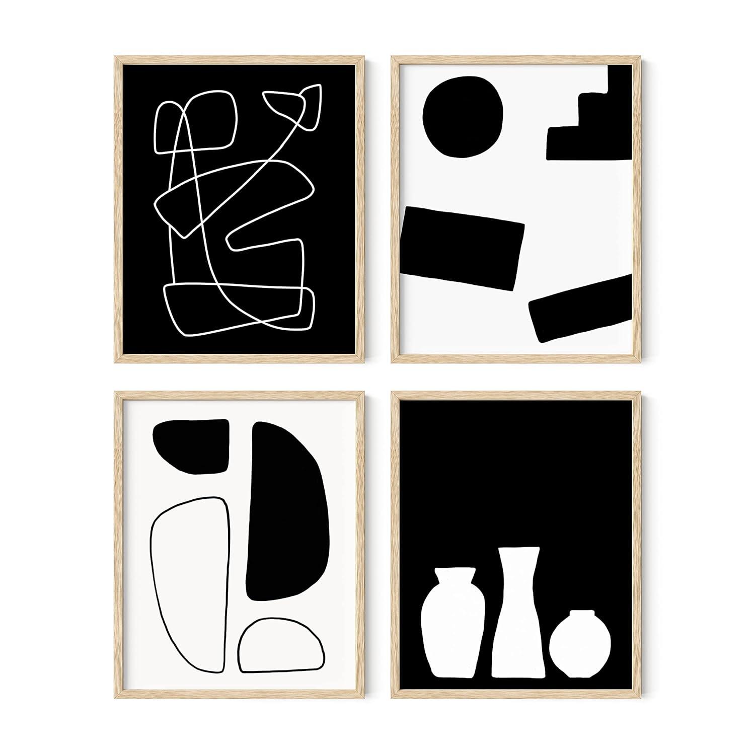 HAUS AND HUES Black and White Abstract Wall Art - Set of 4 Geometric Wall Prints, Modern Abstract Wall Art, Wall Decor Geometric Pictures for Wall, Black Art Work for Home Walls (8x10, Unframed)
