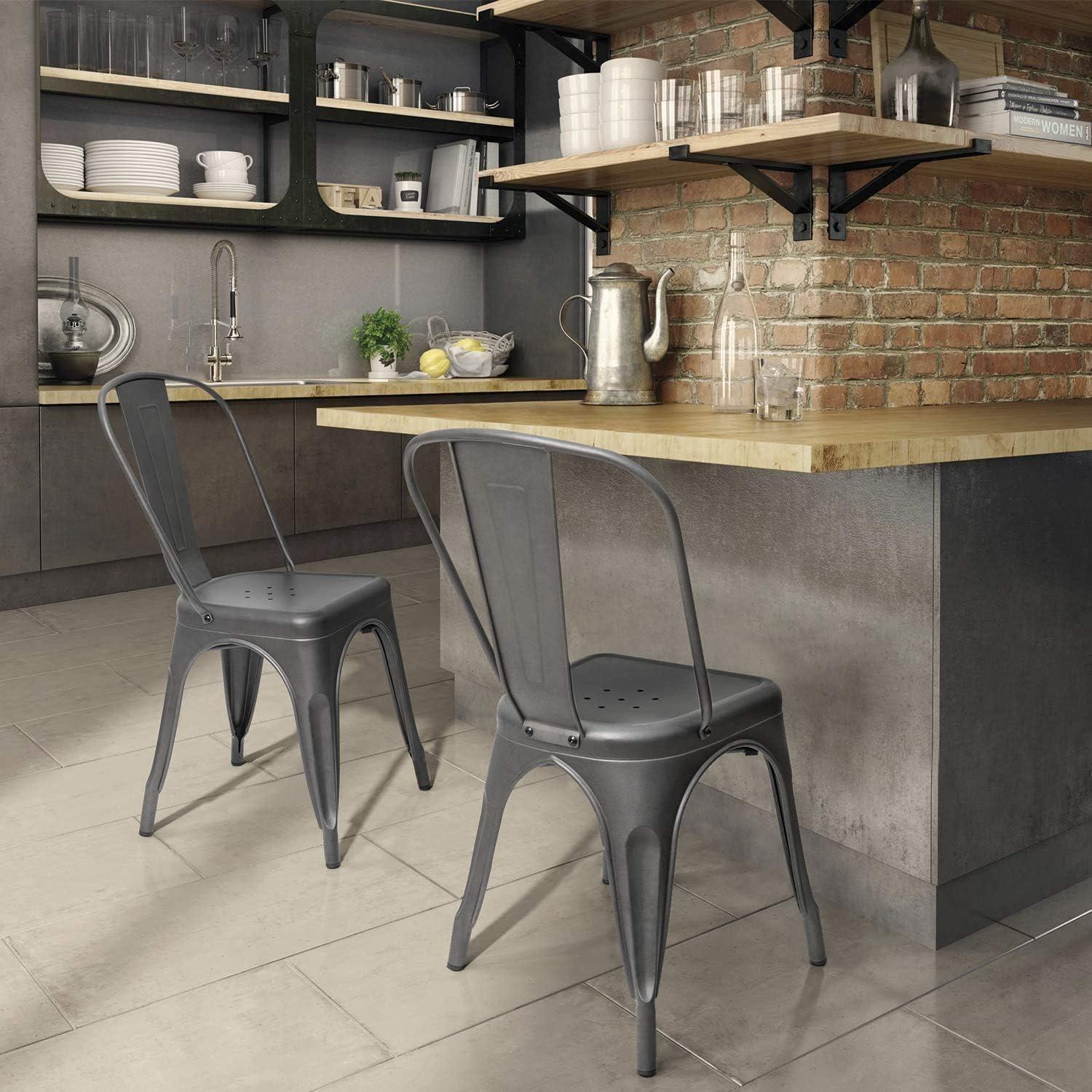 JUMMICO Metal Dining Chair Stackable Indoor Outdoor Industrial Vintage Chairs Bistro Kitchen Cafe Side Chairs with Back Set of 4 (Gray)