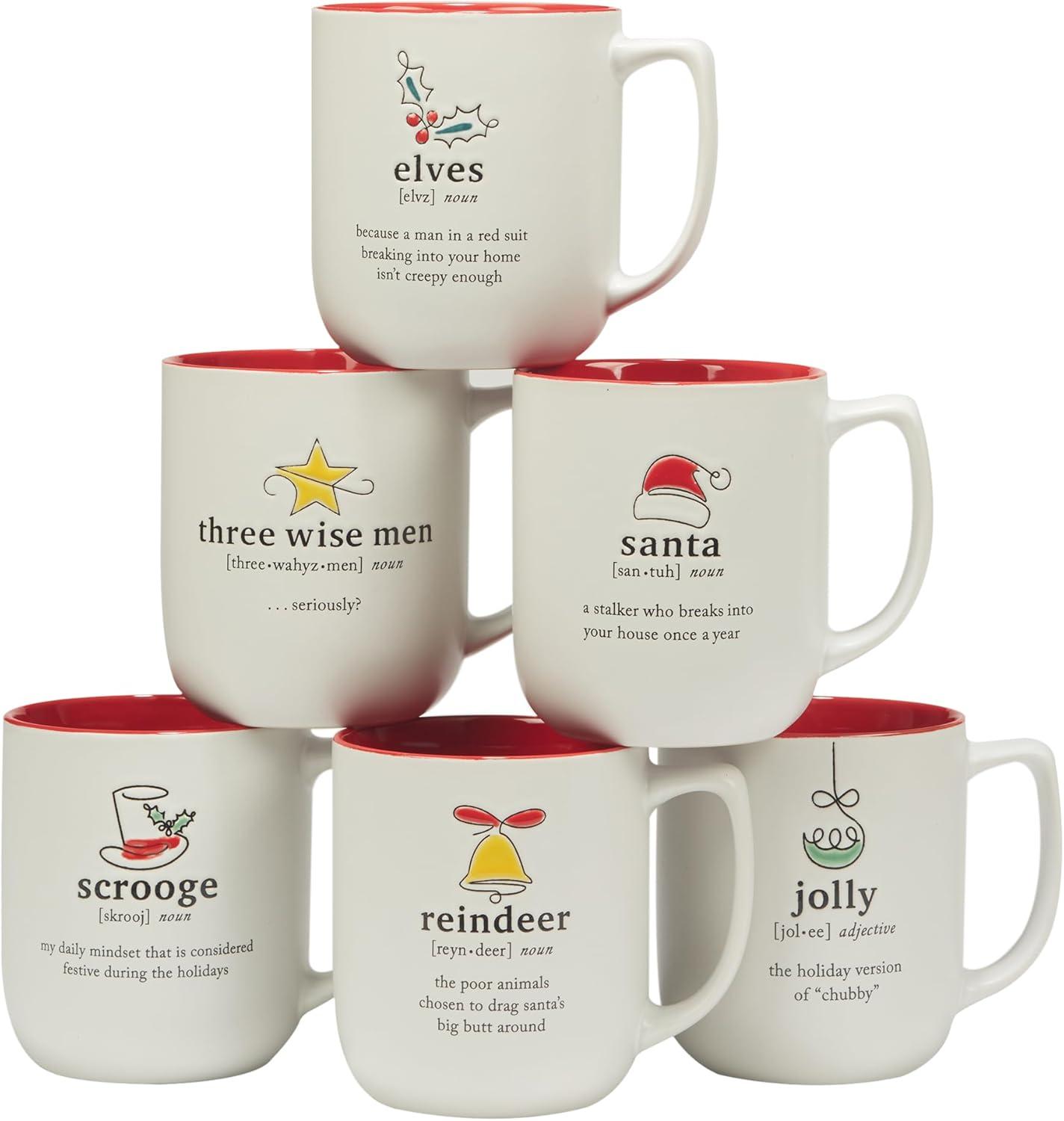 Christmas Fun Red and White Ceramic Holiday Mugs, Set of 6