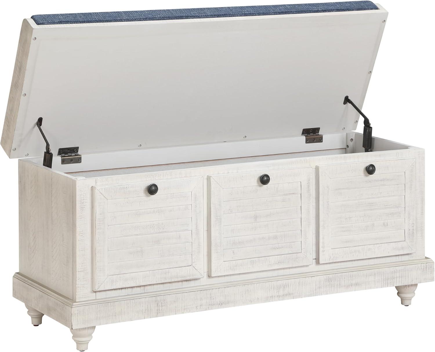 Dover Storage Bench in Wood Distress White with Navy Fabric Cushion ASM