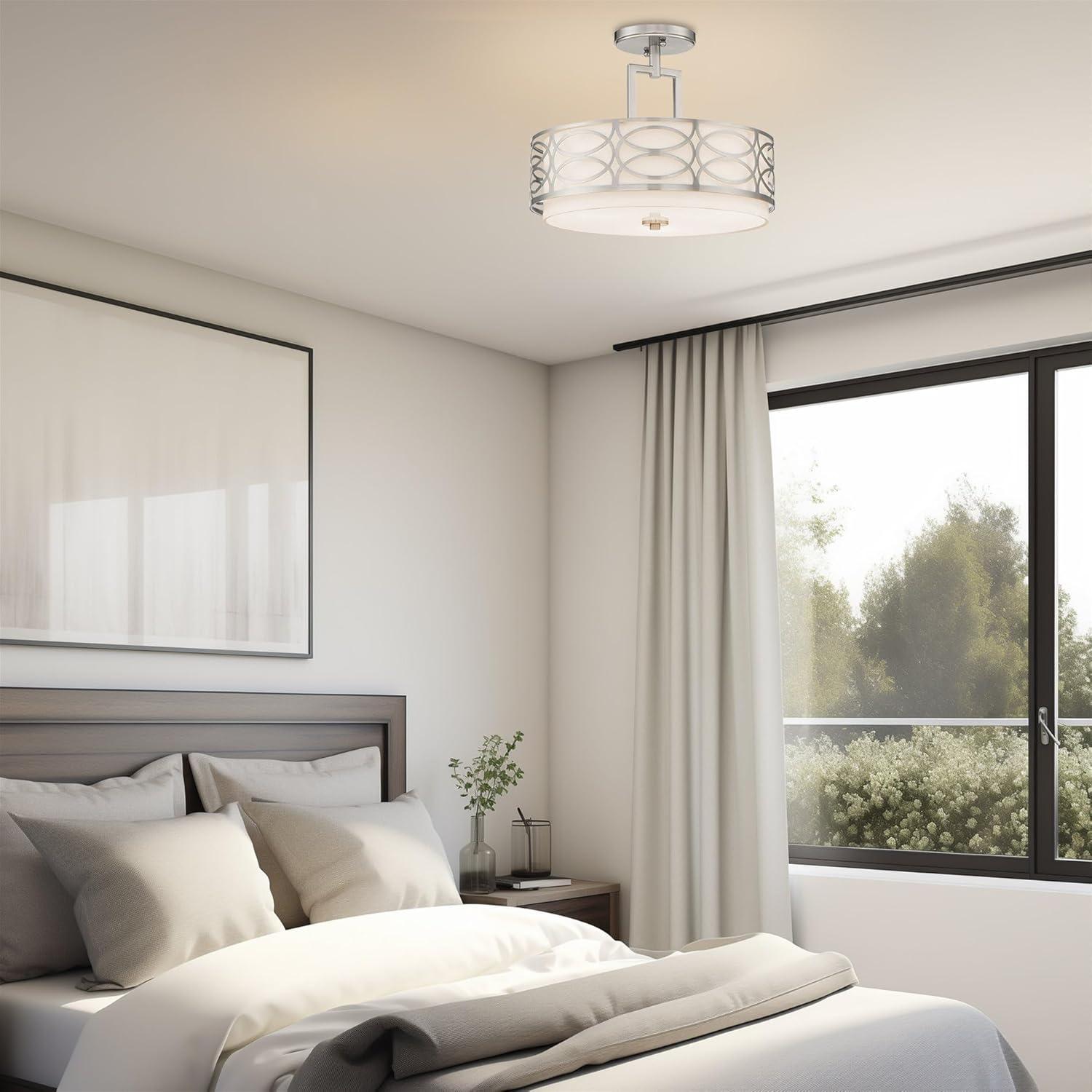 Kira Home Sienna 15" 3-Light Semi Flush Mount Ceiling Light, White Fabric Shade + Glass Diffuser, Brushed Nickel Finish