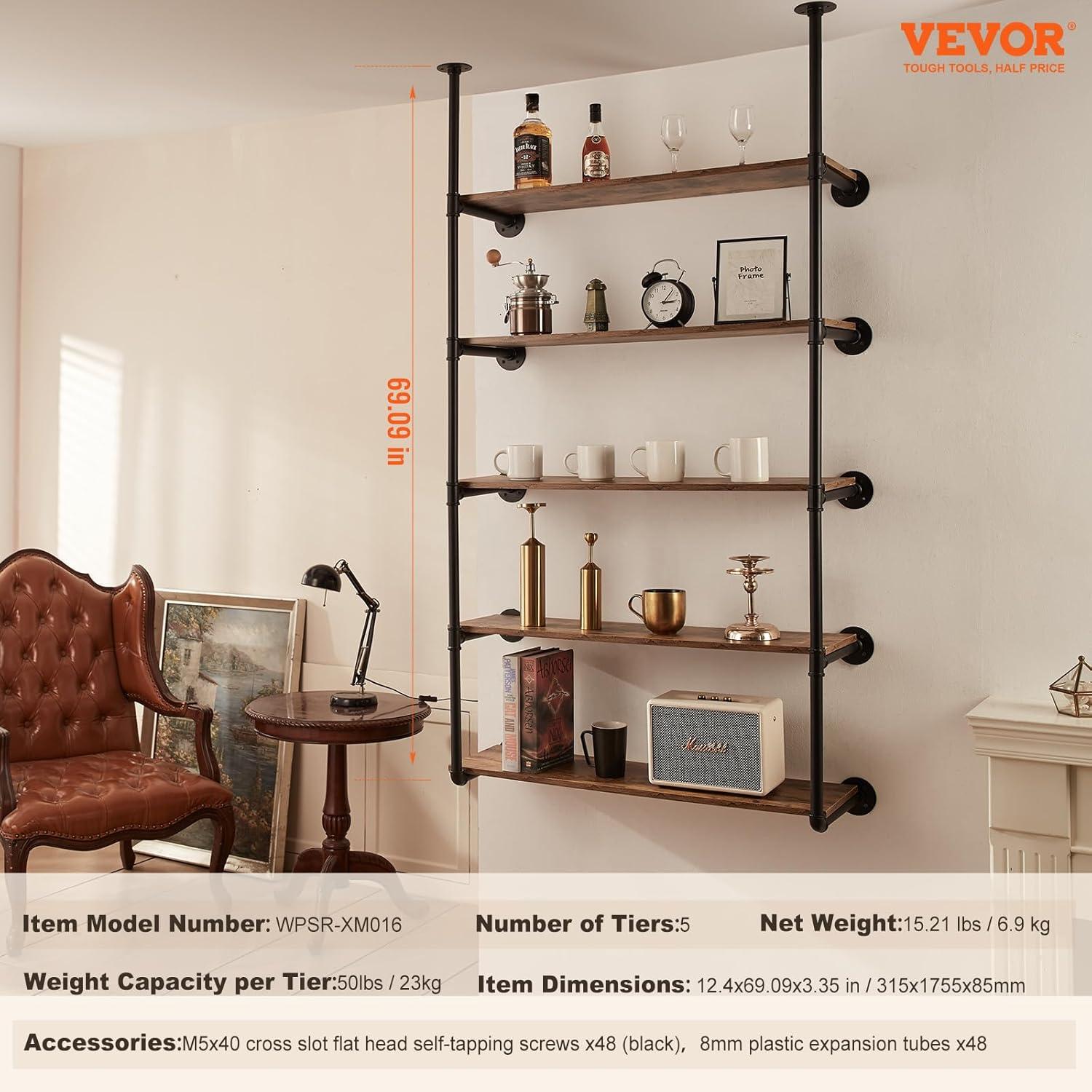 VEVOR Industrial Pipe Shelf, 5 Tier 2PCS, 9.84in Applicable Board Width Wall-Mount Floating Rustic Wood Shelves Bracket Bookshelf,Storage Holder for Kitchen Bedroom Bathroom, (Planks NOT Included)