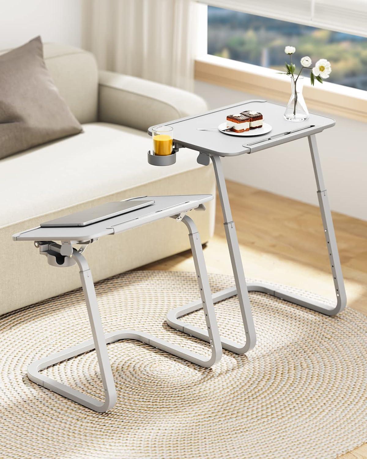 Adjustable Grey PVC Leather TV Tray Table with Cup Holder