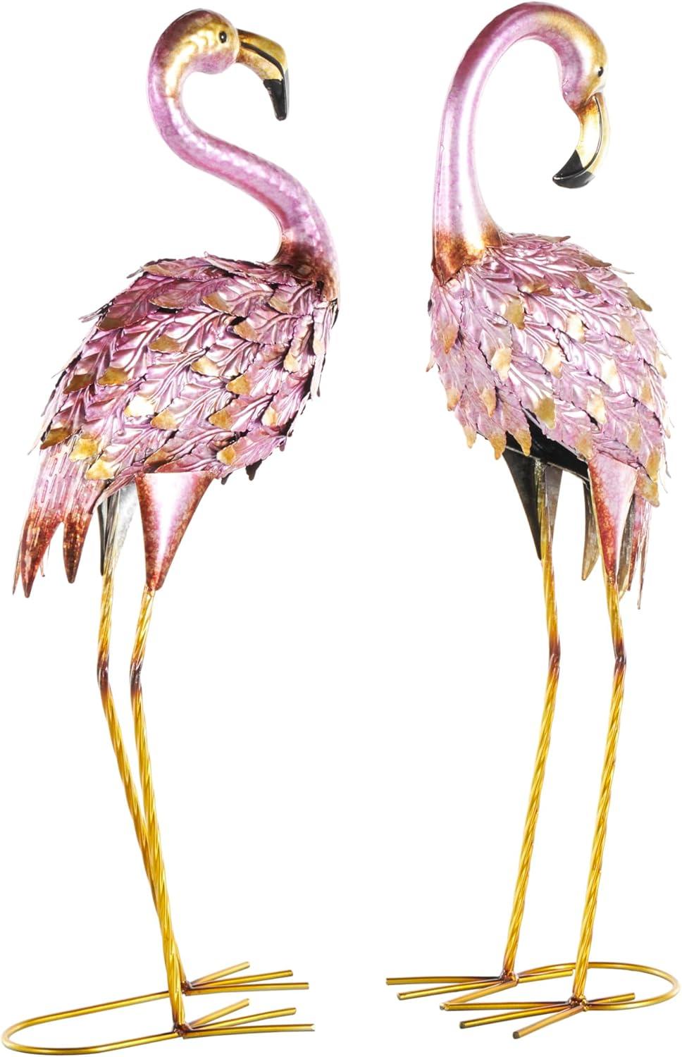 DecMode Coastal Outdoor Metal Standing Pink Flamingo Garden Sculpture, Set of 2 10"W x 38"H