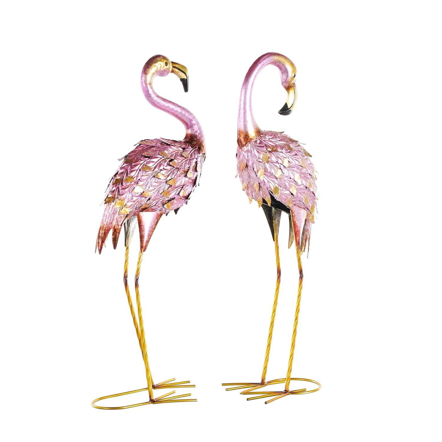 DecMode Coastal Outdoor Metal Standing Pink Flamingo Garden Sculpture, Set of 2 10"W x 38"H