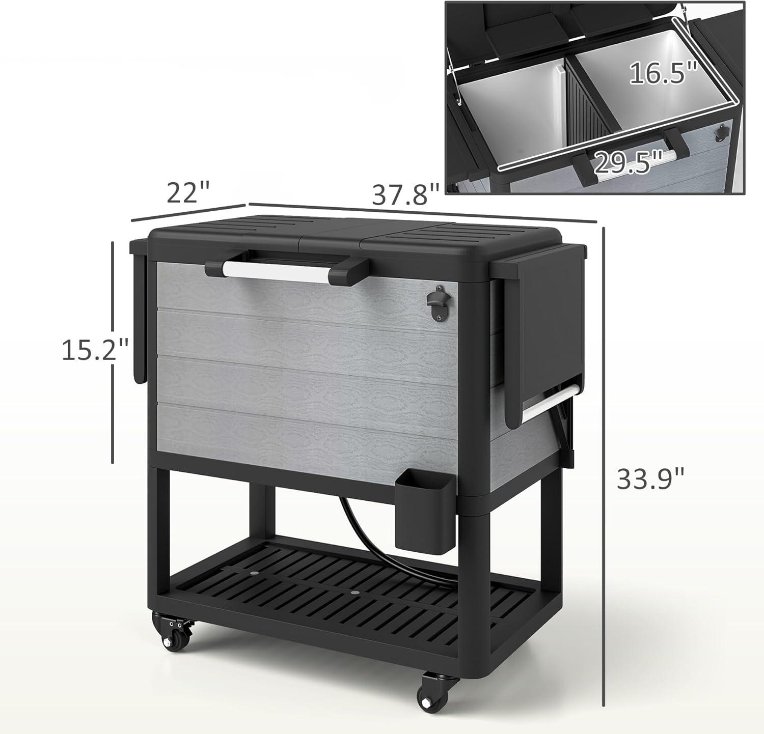 Outsunny 104 Quart Patio Cooler Cart, Outdoor Beverage Rolling Ice Chest with Bottle Opener and Shelves for Pool Deck BBQ Cookouts Party, Gray