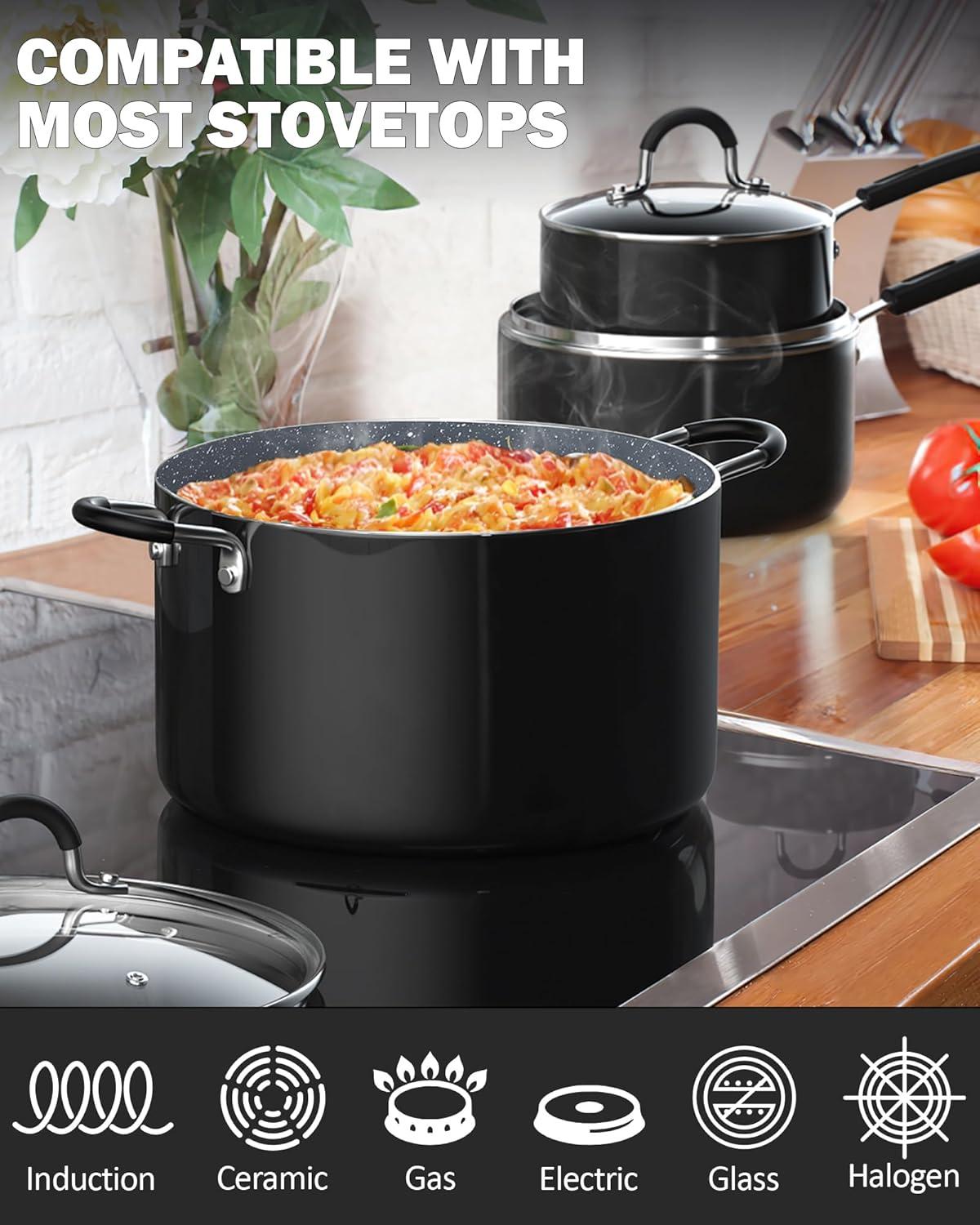 Cook N Home Pots and Pans Non-stick, Kitchen Cookware Set Nonstick Include Saucepan Frying Pan Stockpots 8-Piece, Heavy Gauge, Stay Cool Handle, Marble