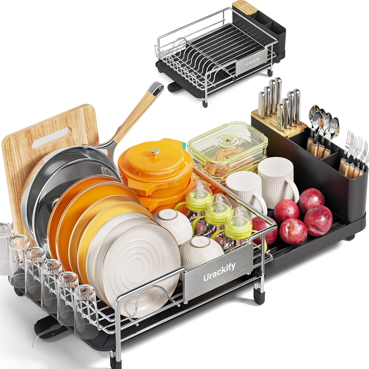 Expandable Stainless Steel Dish Rack with Utensil Cup and Drainboard